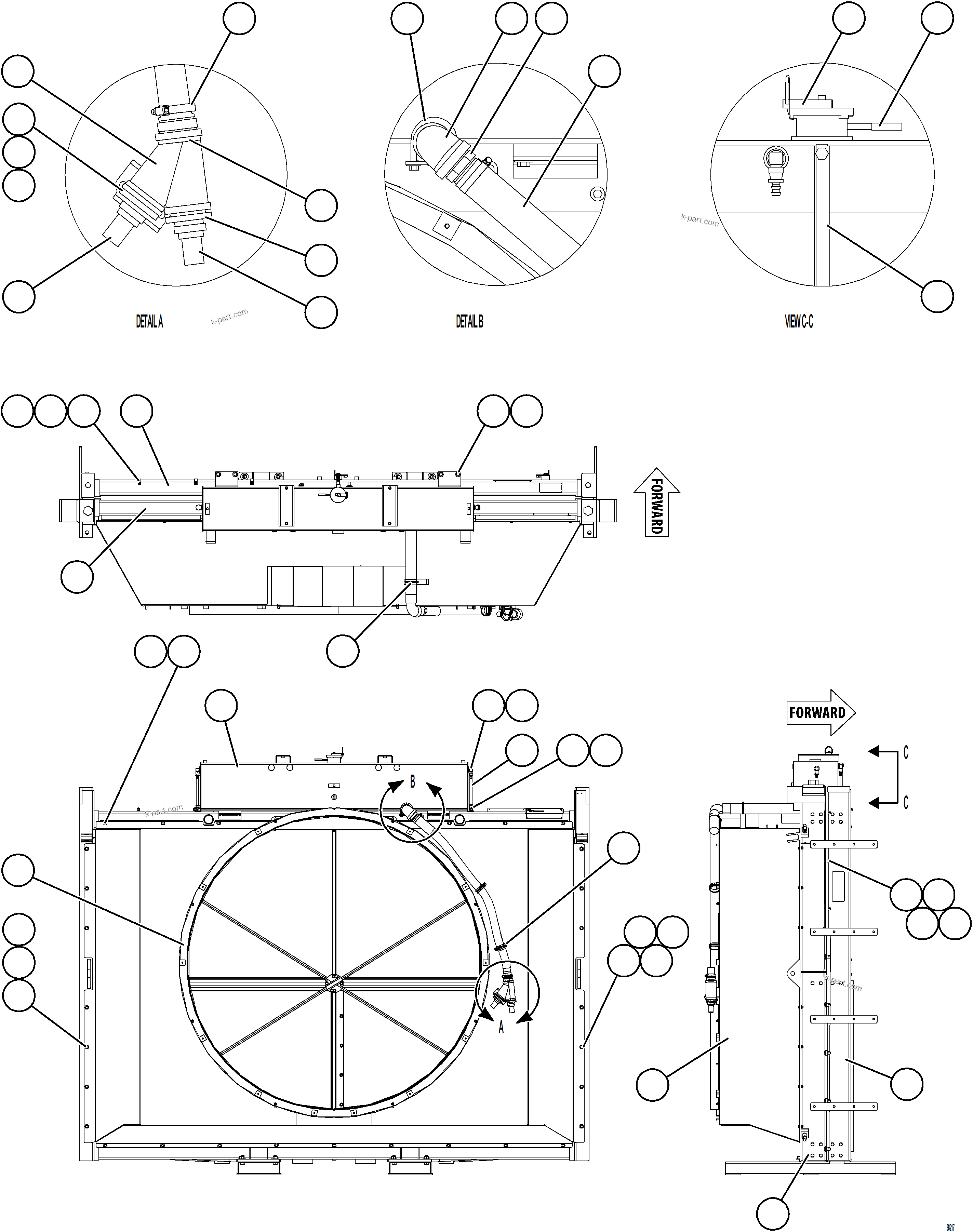 Komatsu parts book diagram for AFE78-BX 930E-5 S/N A40274 - A40276,A40291  MARIGOLD: RADIATOR & SHROUD ASSEMBLY    58F-03-40000