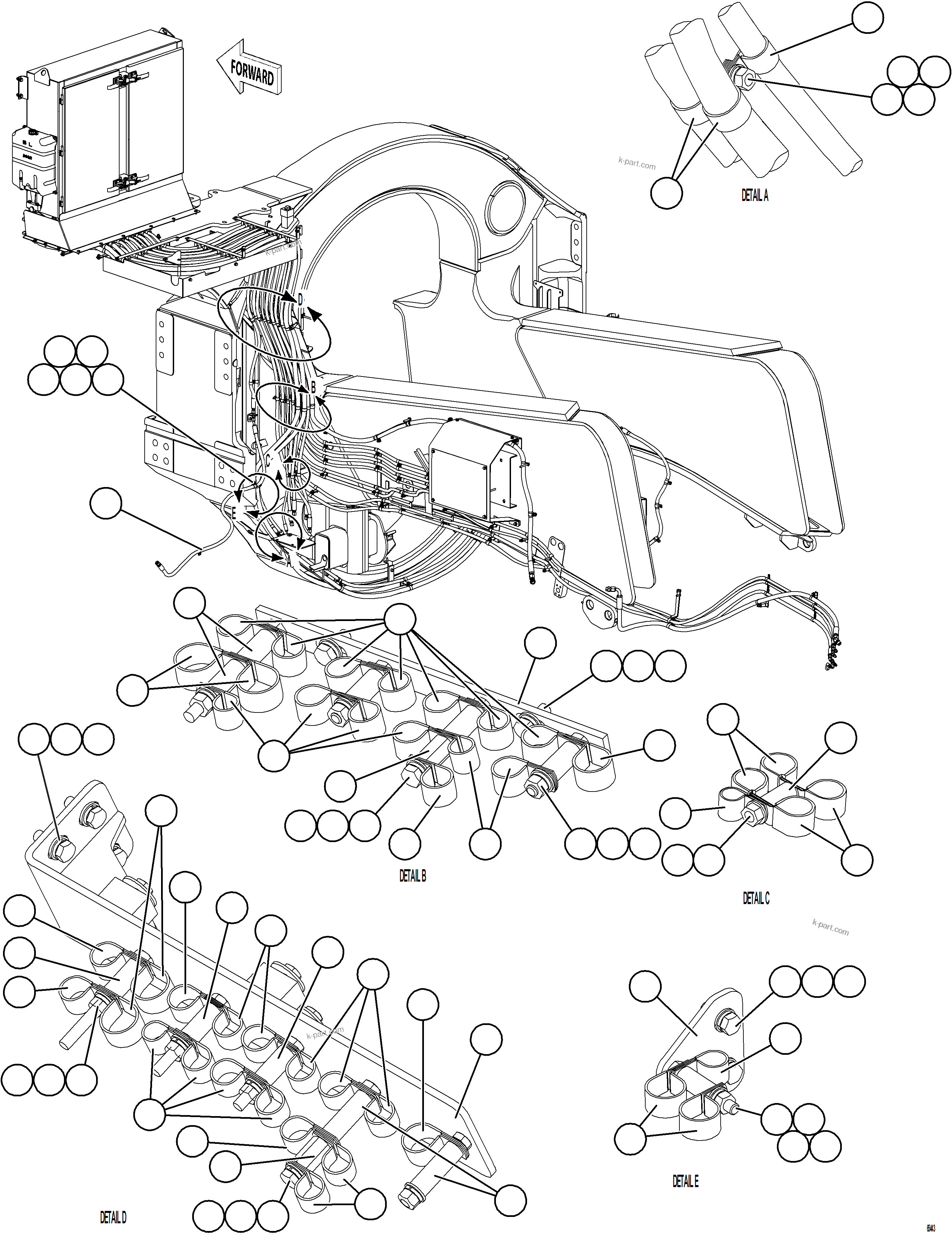 Komatsu parts book diagram for AFE78-BX 930E-5 S/N A40274 - A40276,A40291  MARIGOLD: HYDRAULIC BRAKE CABINET HOSE CLAMPING    2/3