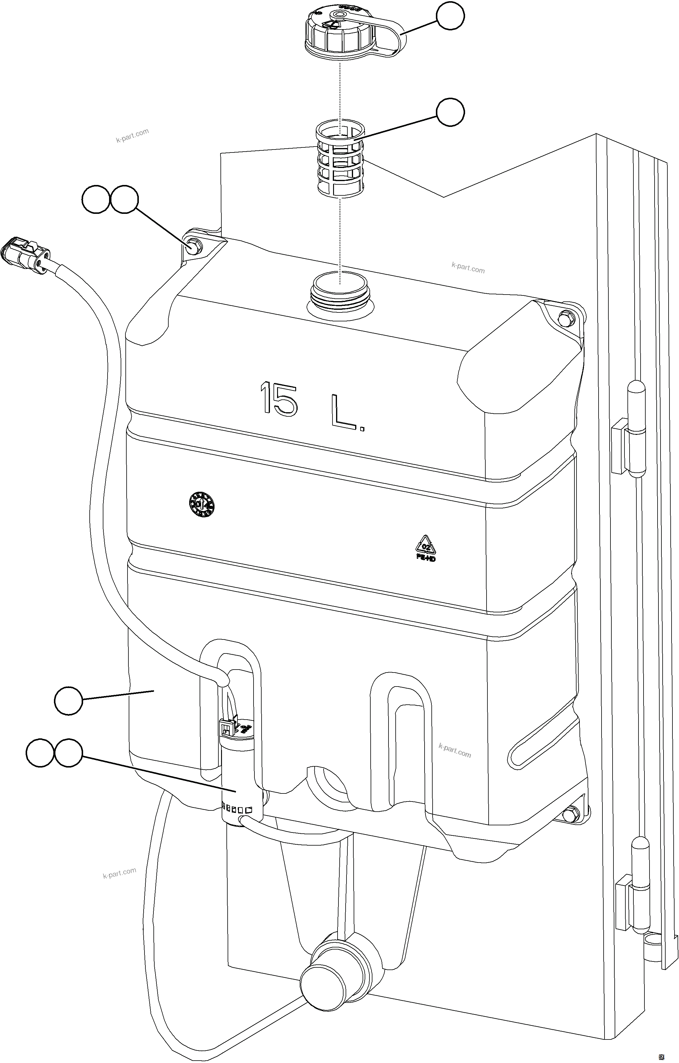 Komatsu parts book diagram for AFE78-BX 930E-5 S/N A40274 - A40276,A40291  MARIGOLD: WINDSHIELD WASHER RESERVOIR INSTALLATION    1/2