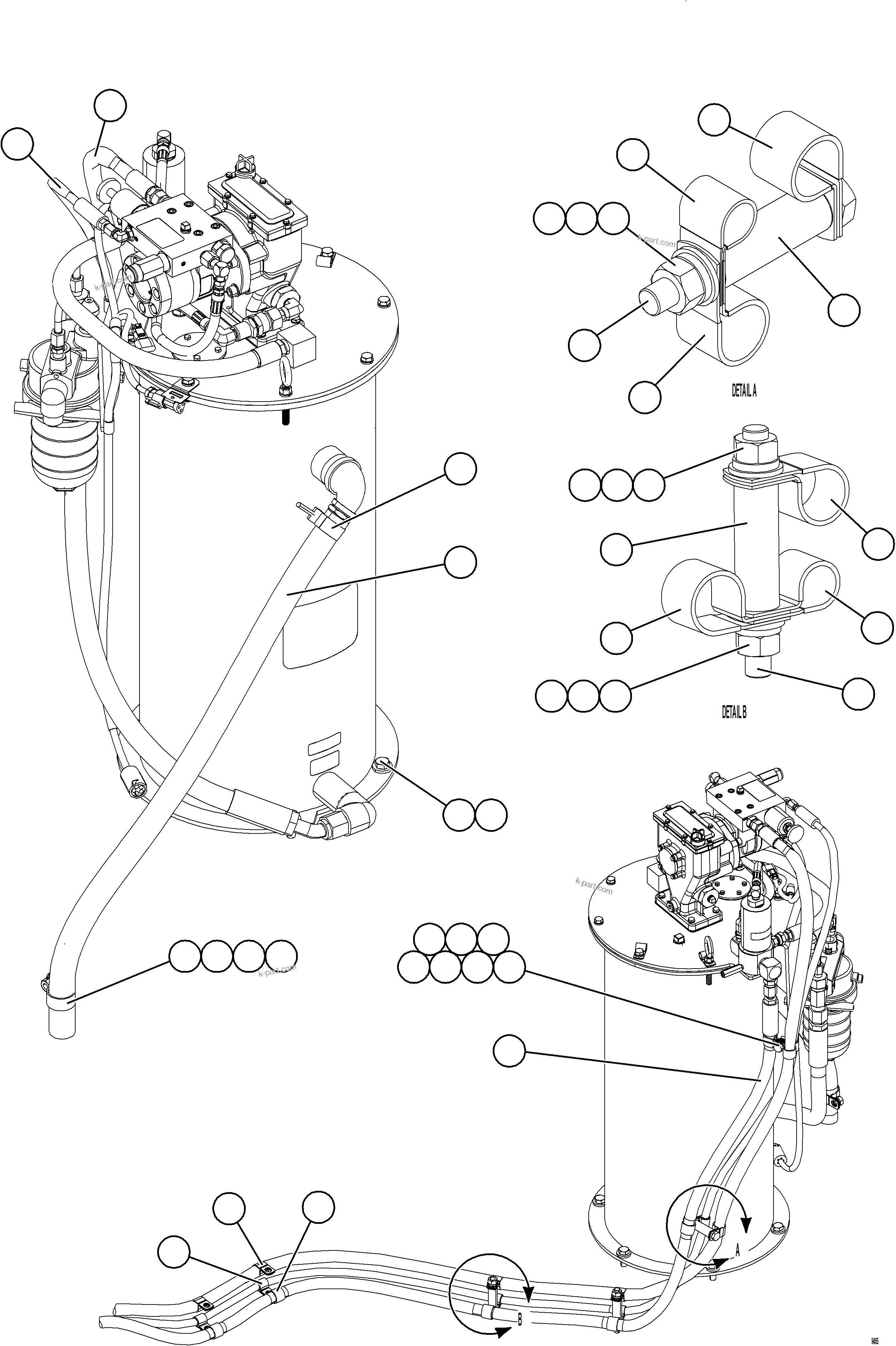 Komatsu parts book diagram for AFE78-BX 930E-5 S/N A40274 - A40276,A40291  MARIGOLD: AUTOMATIC LUBRICATION SYSTEM PIPING - FRONT    1/4