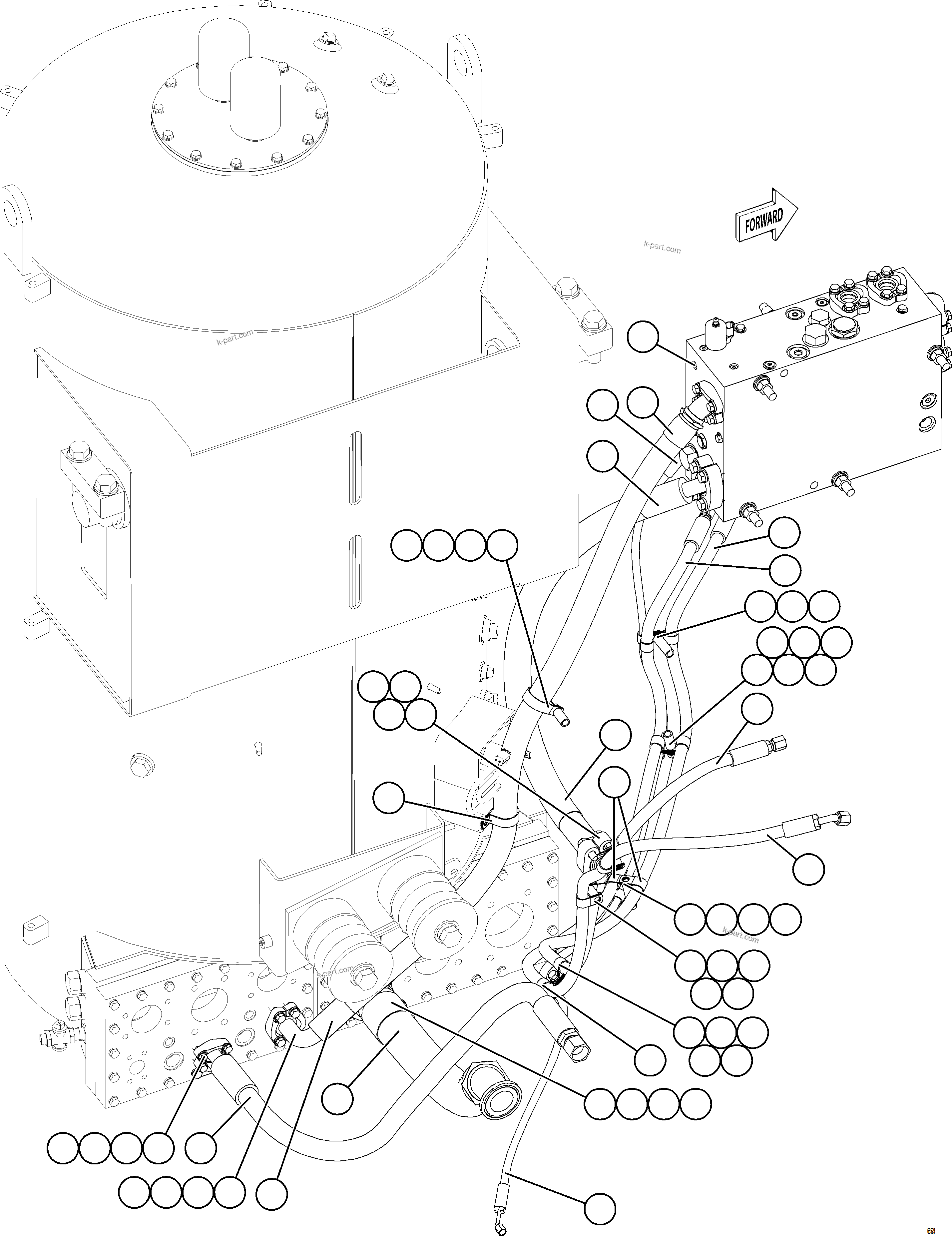 Komatsu parts book diagram for AFE78-CA 930E-5 S/N A40281  IOCC: STEERING BLEEDDOWN MANIFOLD PIPING    3/3