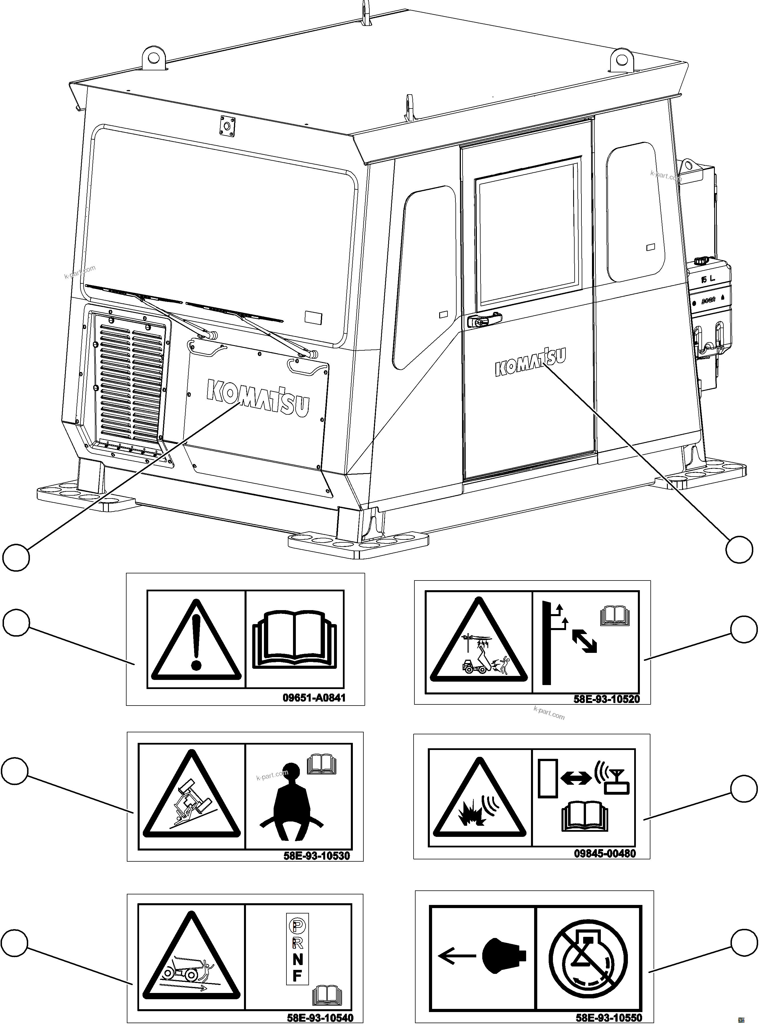 Komatsu parts book diagram for AFE78-CB 930E-5 S/N A40282 - A40283  BOLIDEN: CAB SAFETY LABELS