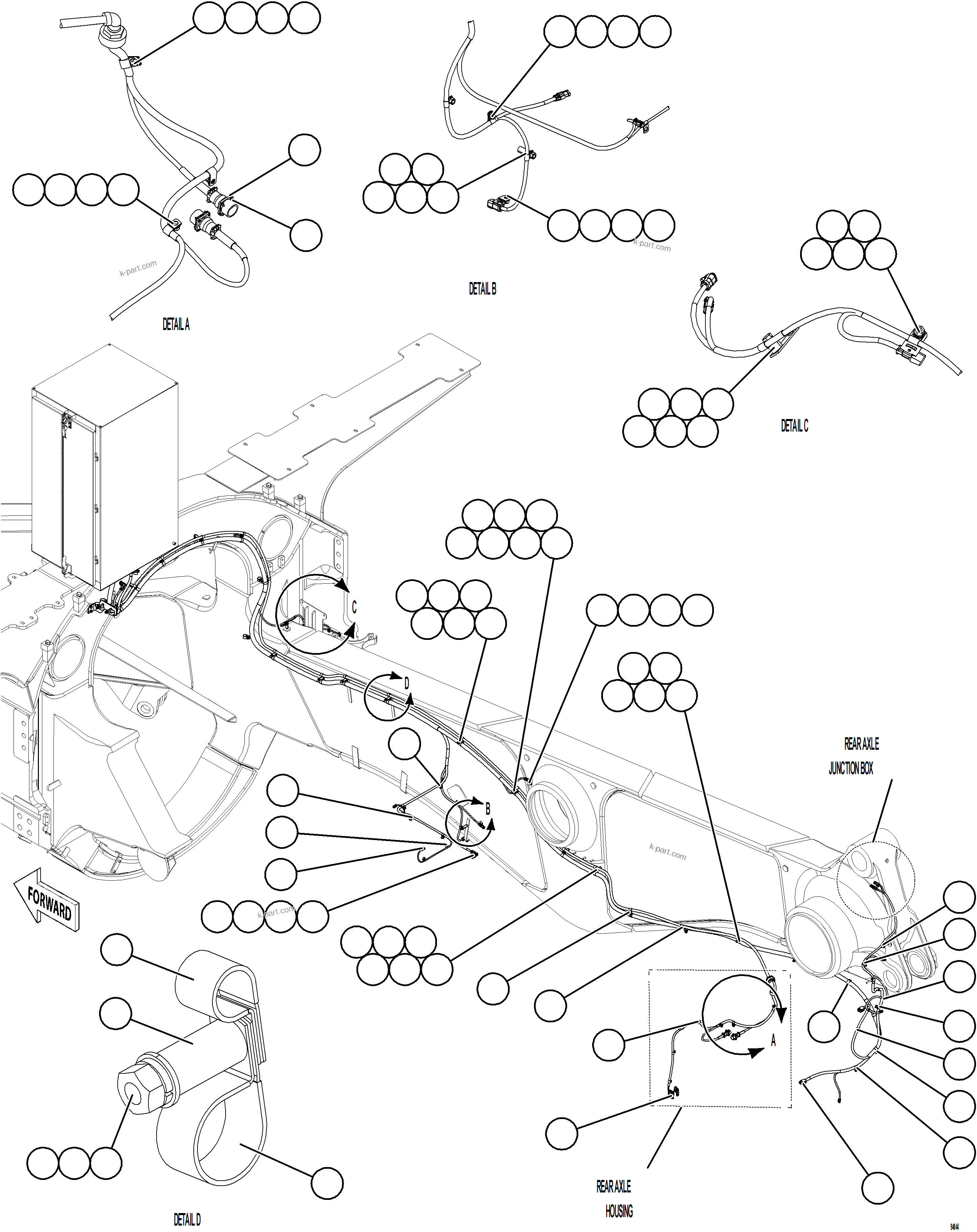 Komatsu parts book diagram for AFE78-CT 930E-5 S/N A40318 - A40321  SMS: RIGHT REAR FRAME RAIL HARNESS