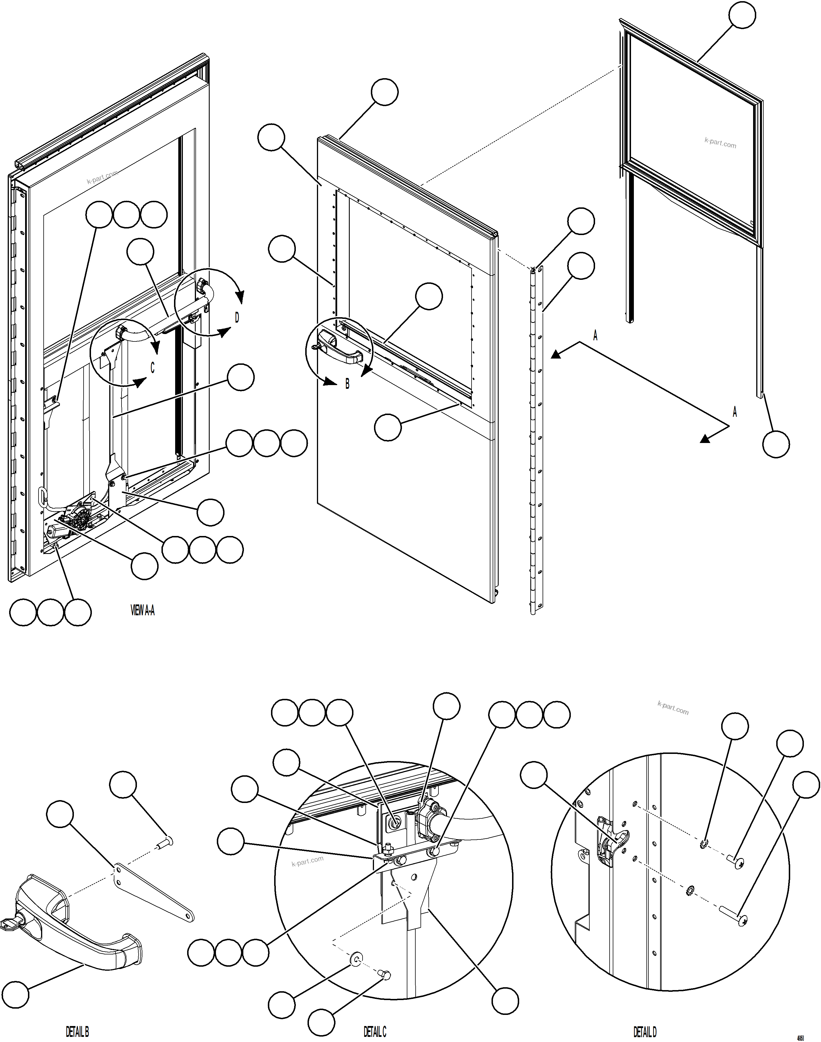 Komatsu parts book diagram for AFE78-DX 930E-5 S/N A40423 - A40425  KSA: DOOR ASSEMBLY - LH    1/2    58E-54-30627
