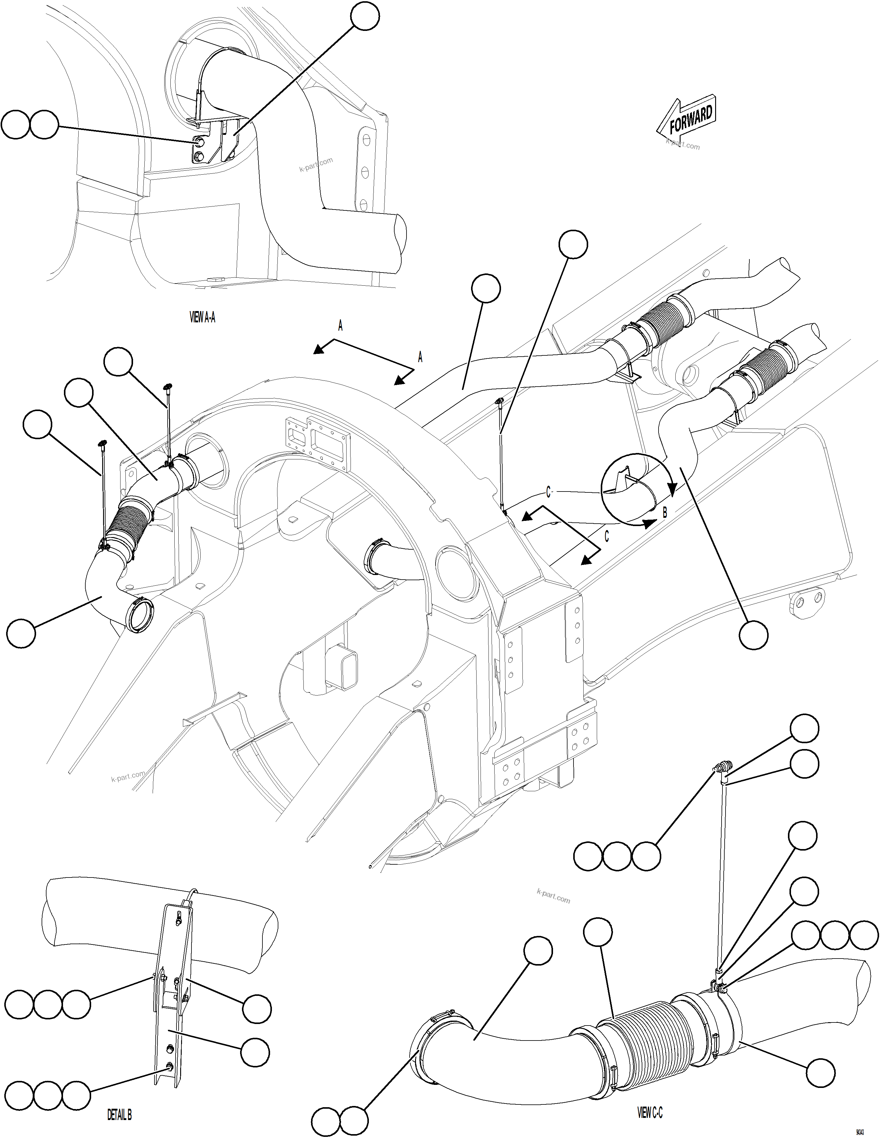 Komatsu parts book diagram for AFE78-ED 930E-5 S/N A40448 - A40450,A40460 - A40462,A40468 - A40470,A40477 - A40479,A40485 - A40487,A40492 - A40494  KW: EXHAUST PIPING - FRONT