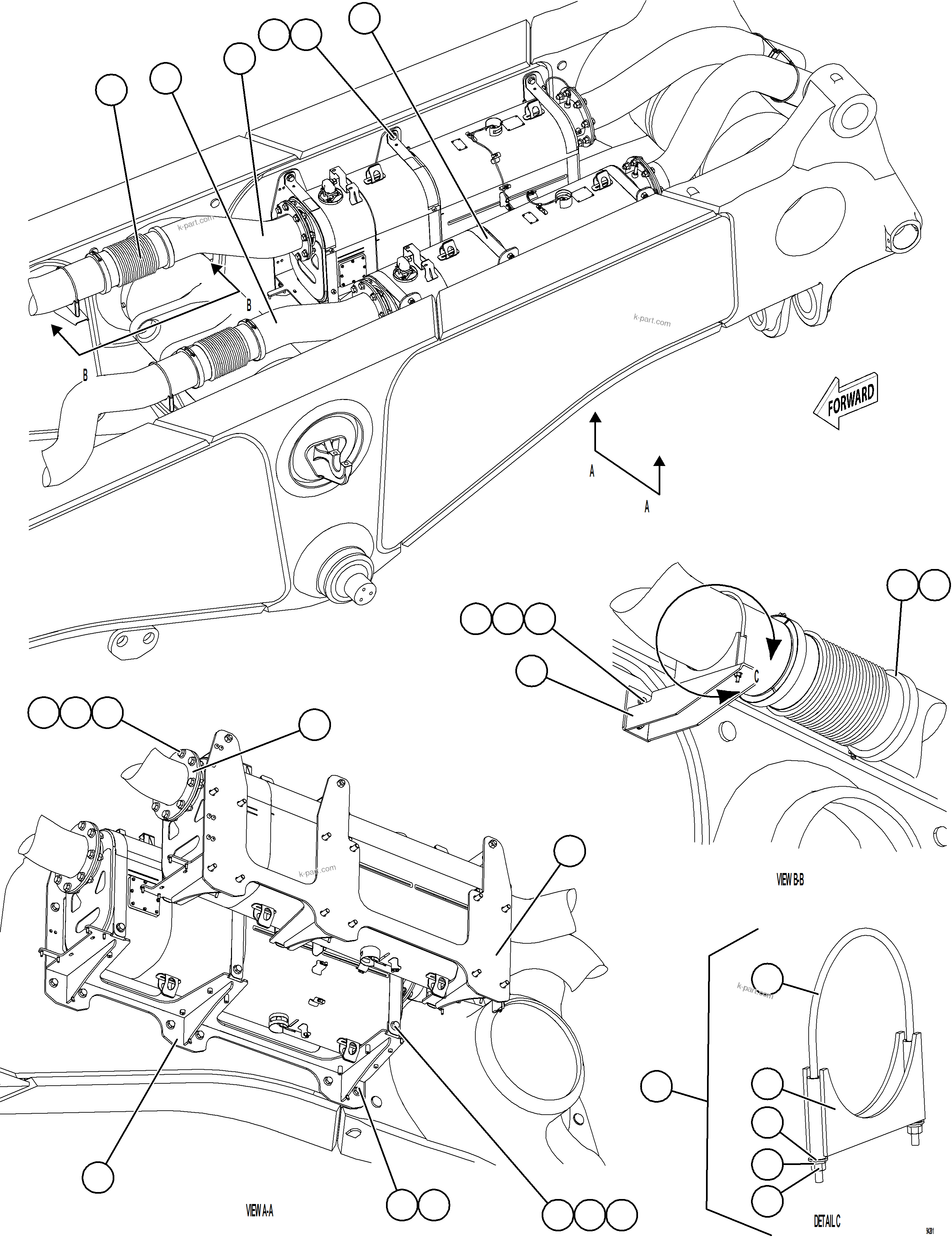 Komatsu parts book diagram for AFE78-ED 930E-5 S/N A40448 - A40450,A40460 - A40462,A40468 - A40470,A40477 - A40479,A40485 - A40487,A40492 - A40494  KW: EXHAUST PIPING - REAR    1/2