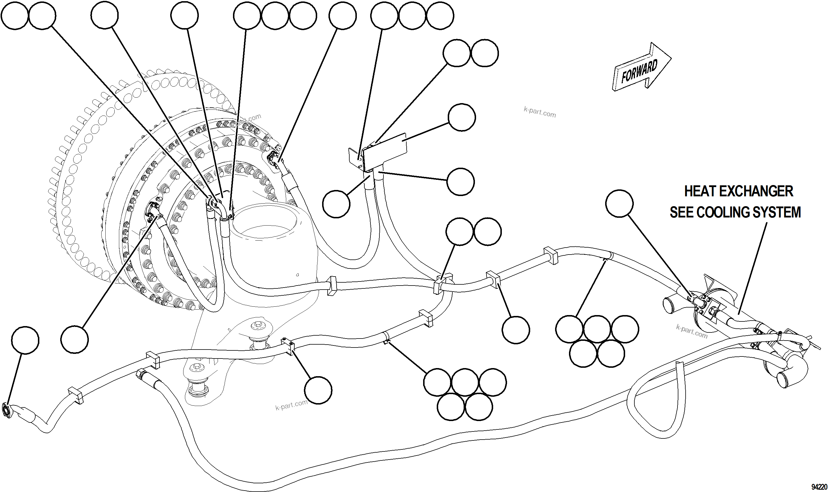 Komatsu parts book diagram for AFE78-ED 930E-5 S/N A40448 - A40450,A40460 - A40462,A40468 - A40470,A40477 - A40479,A40485 - A40487,A40492 - A40494  KW: BRAKE COOLING PIPING - LEFT FRONT    1/2