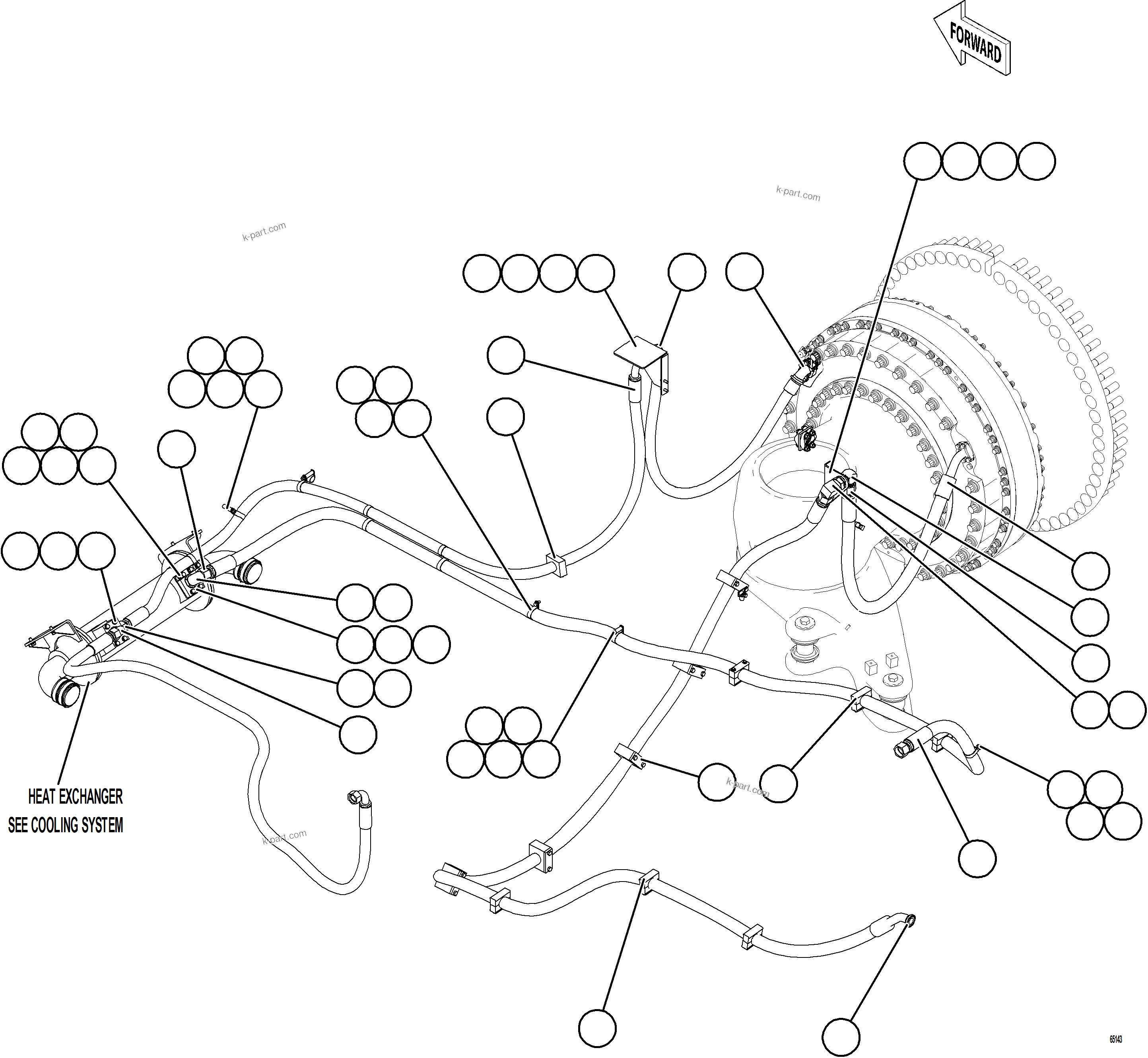 Komatsu parts book diagram for AFE78-ED 930E-5 S/N A40448 - A40450,A40460 - A40462,A40468 - A40470,A40477 - A40479,A40485 - A40487,A40492 - A40494  KW: BRAKE COOLING PIPING - RIGHT FRONT    1/2