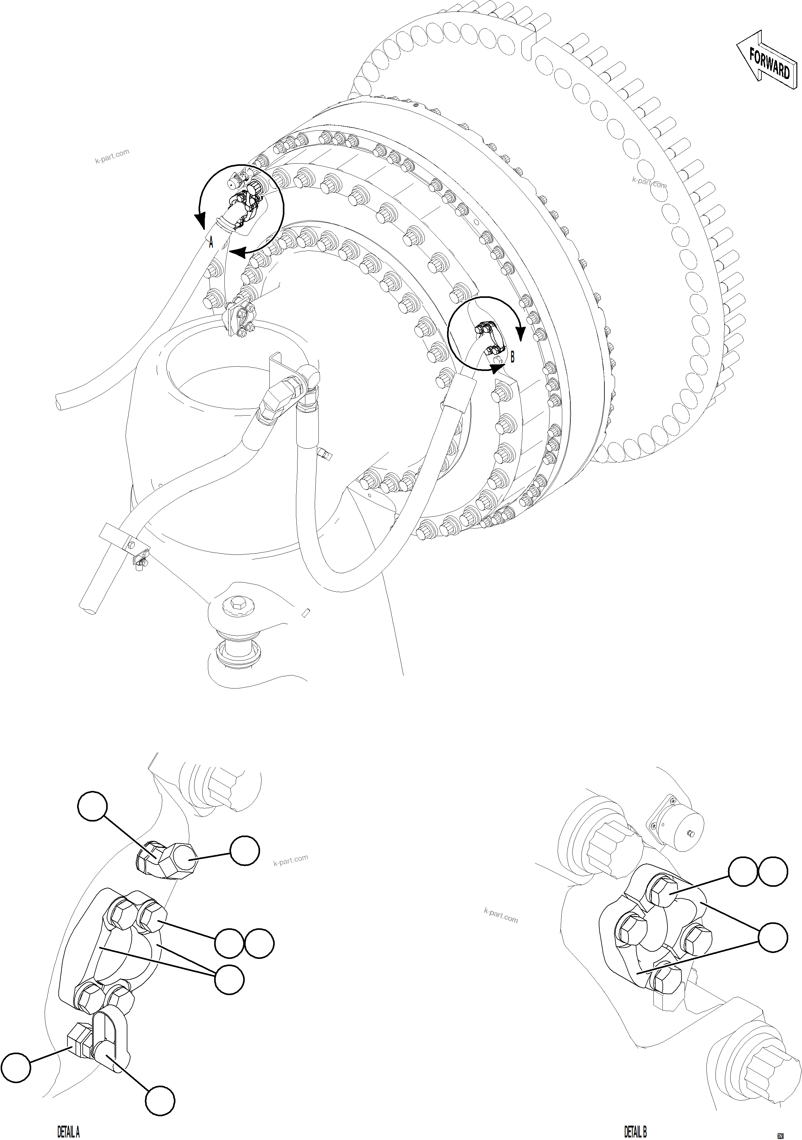 Komatsu parts book diagram for AFE78-ED 930E-5 S/N A40448 - A40450,A40460 - A40462,A40468 - A40470,A40477 - A40479,A40485 - A40487,A40492 - A40494  KW: BRAKE COOLING PIPING - RIGHT FRONT    2/2