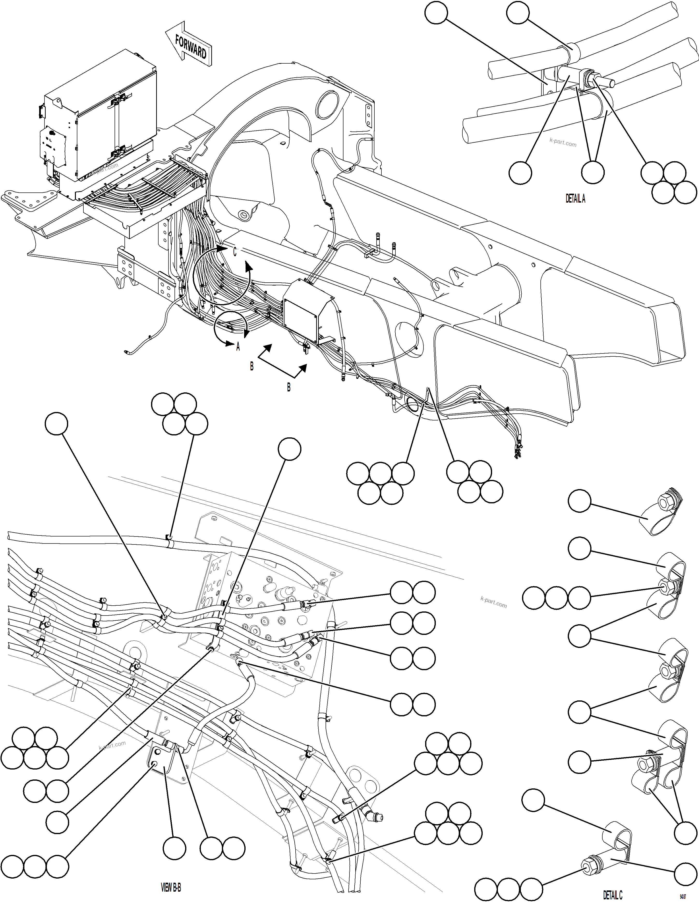 Komatsu parts book diagram for AFE78-ED 930E-5 S/N A40448 - A40450,A40460 - A40462,A40468 - A40470,A40477 - A40479,A40485 - A40487,A40492 - A40494  KW: HYDRAULIC BRAKE CABINET HOSE CLAMPING    3/3