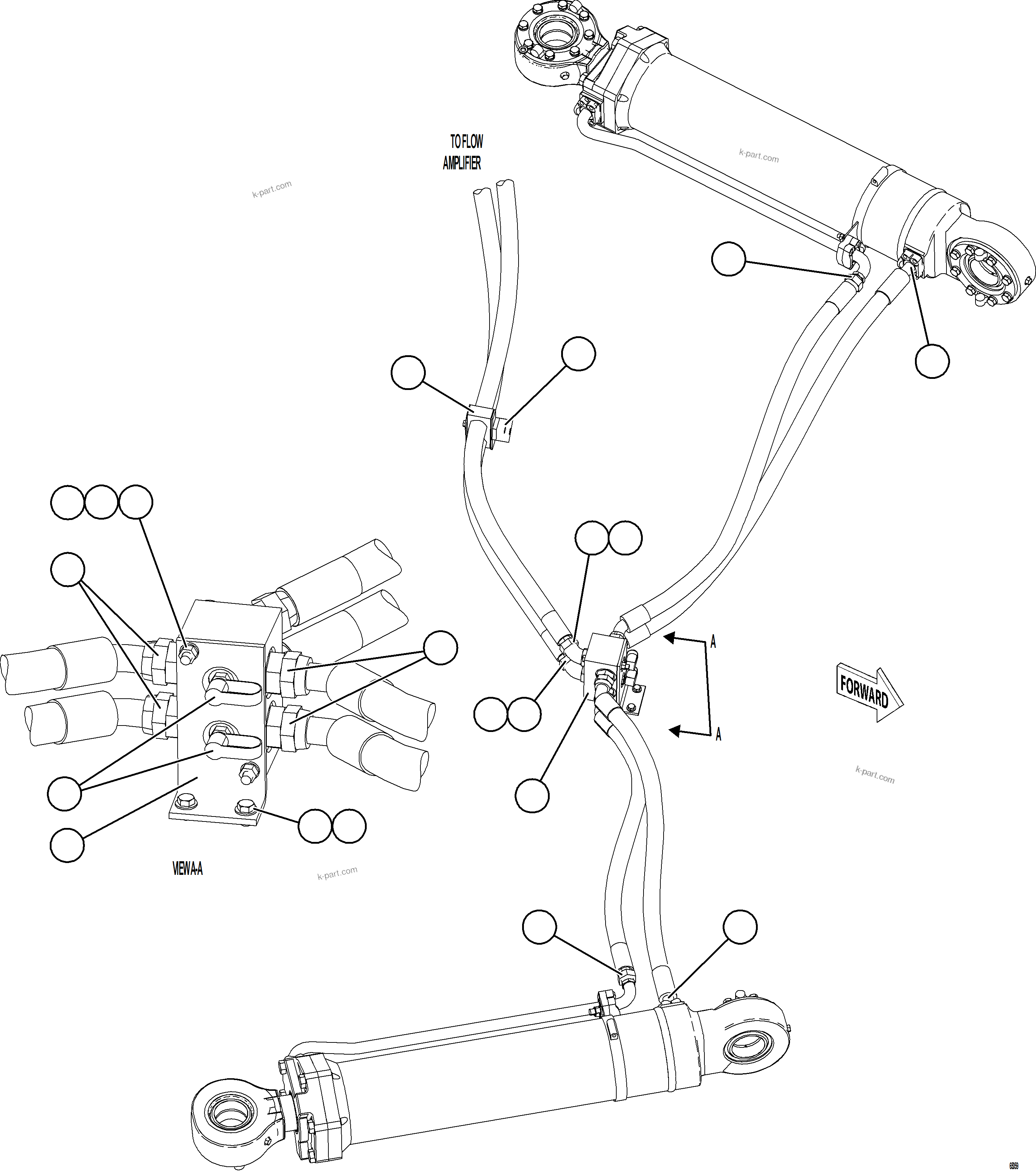 Komatsu parts book diagram for AFE78-ED 930E-5 S/N A40448 - A40450,A40460 - A40462,A40468 - A40470,A40477 - A40479,A40485 - A40487,A40492 - A40494  KW: STEERING CYLINDER PIPING    1/2