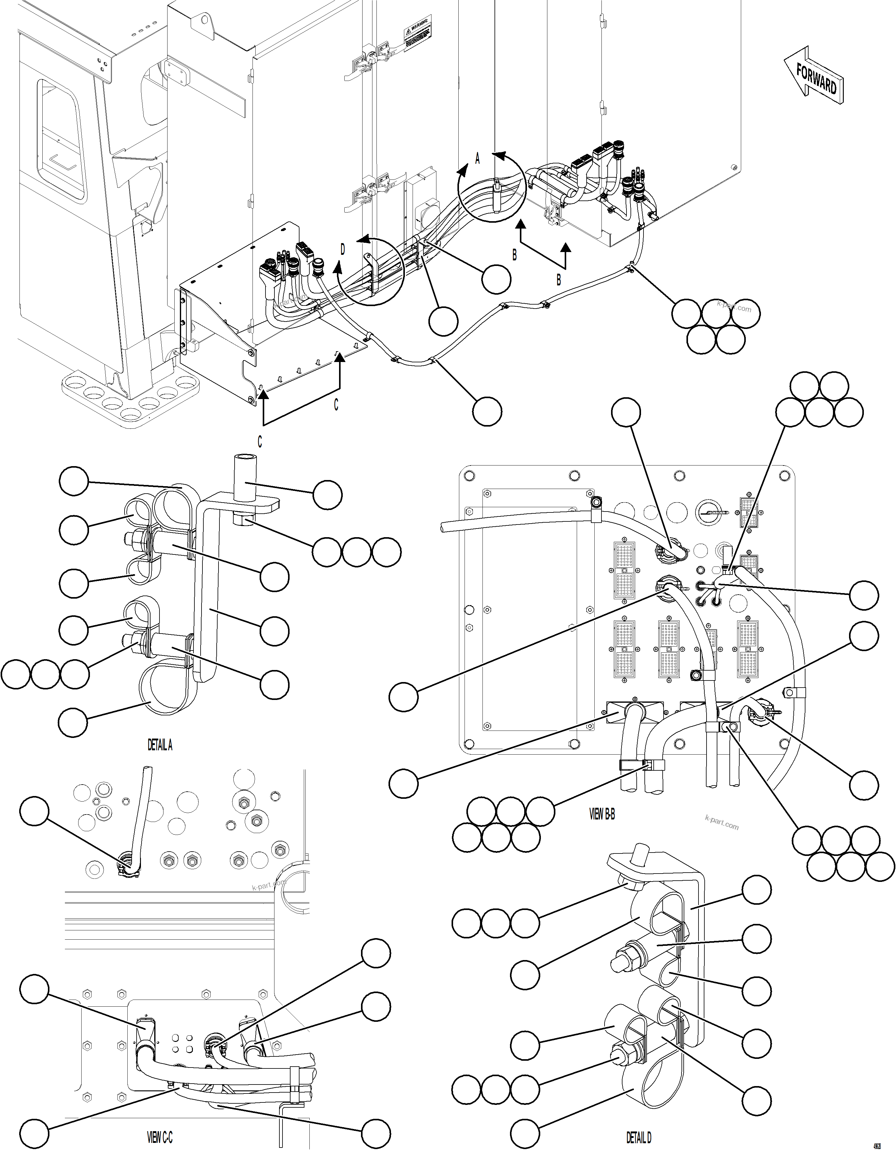 Komatsu parts book diagram for AFE78-EZ 930E-5 S/N A40612,A40614 - A40618  KCH: AUX CNTRL CBNT CABLE & HARNESS CONNECTIONS    1/2
