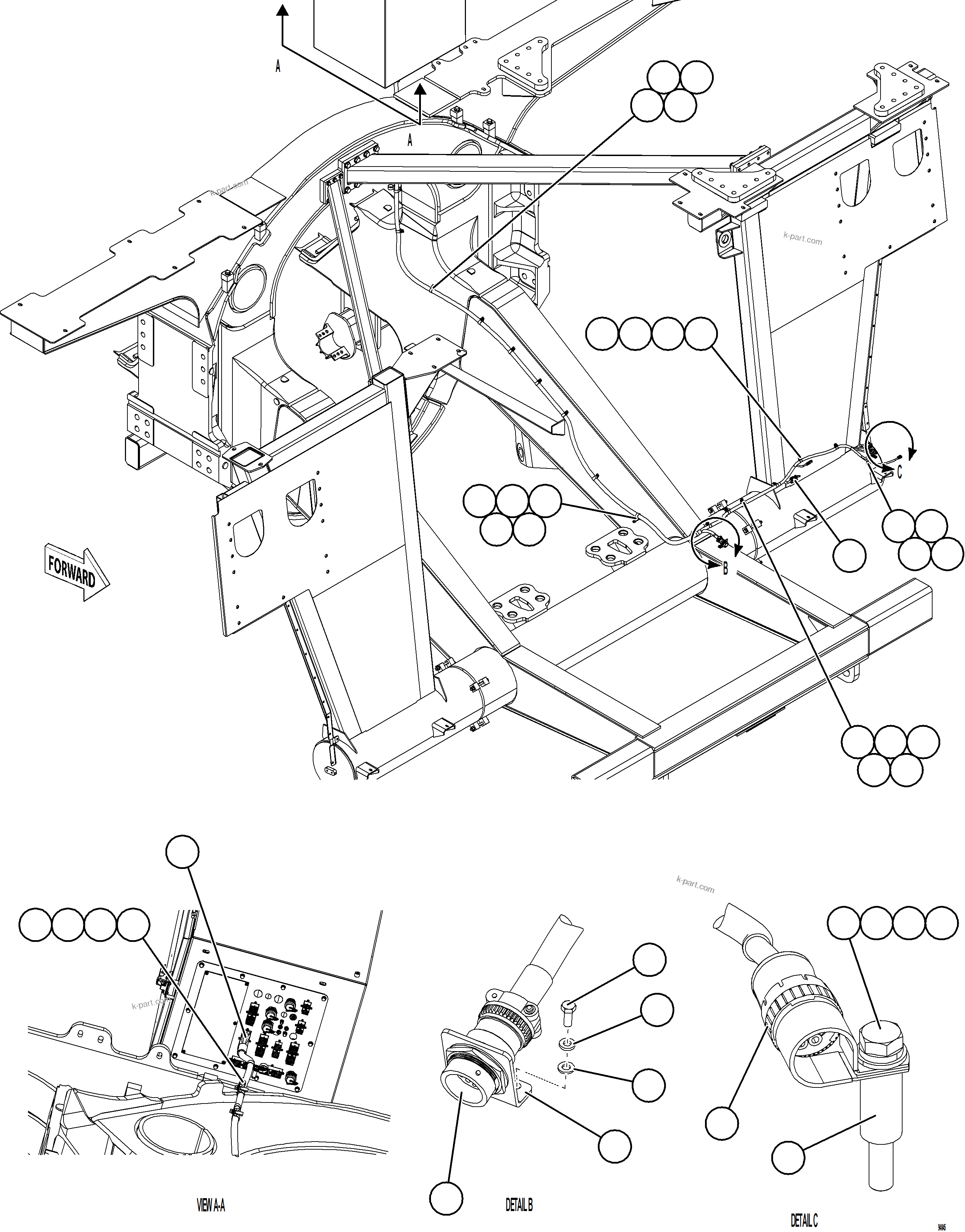 Komatsu parts book diagram for AFE78-EZ 930E-5 S/N A40612,A40614 - A40618  KCH: LEFT FRONT FRAME RAIL HARNESS