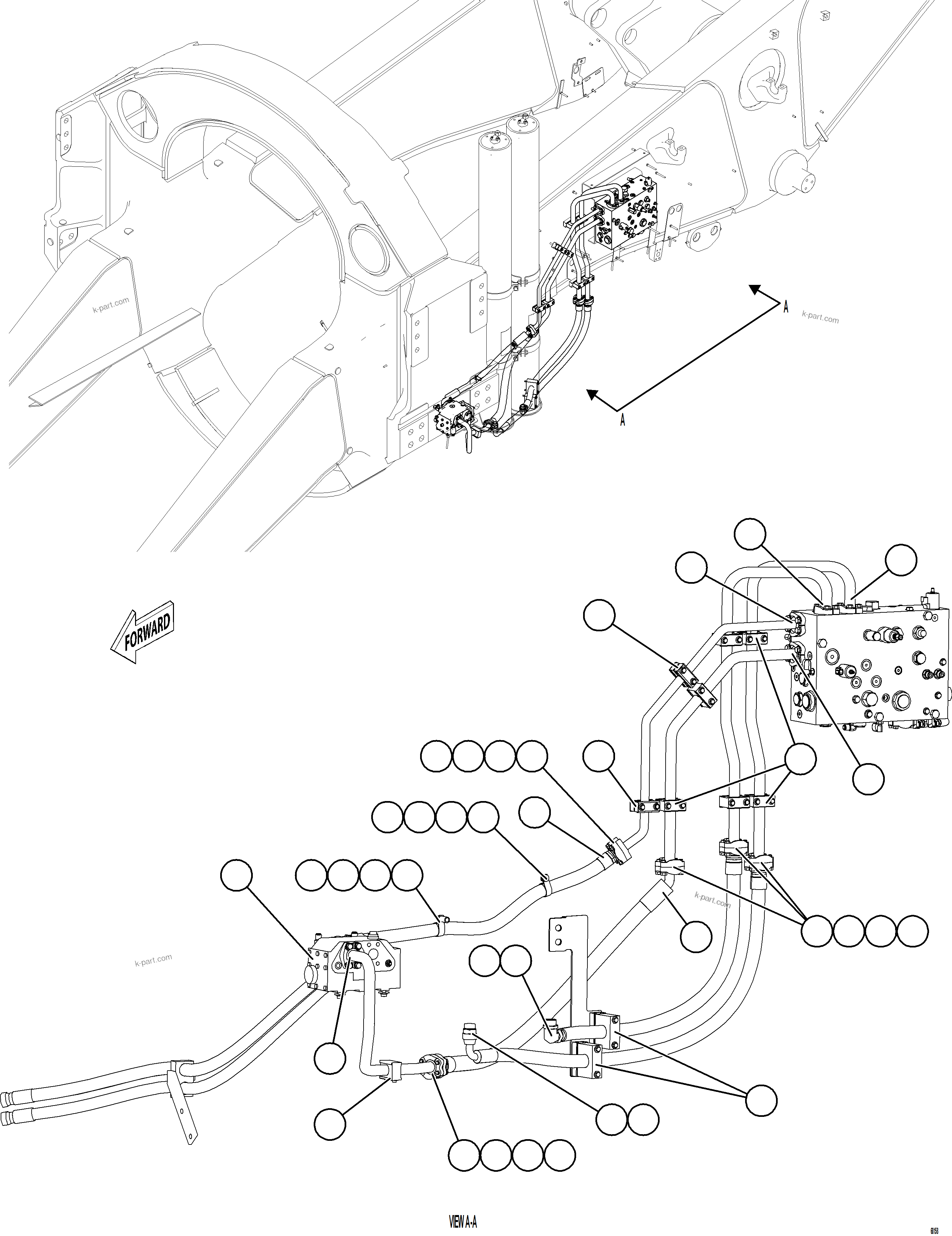 Komatsu parts book diagram for AFE78-EZ 930E-5 S/N A40612,A40614 - A40618  KCH: STEERING BLEEDDOWN MANIFOLD PIPING    2/3