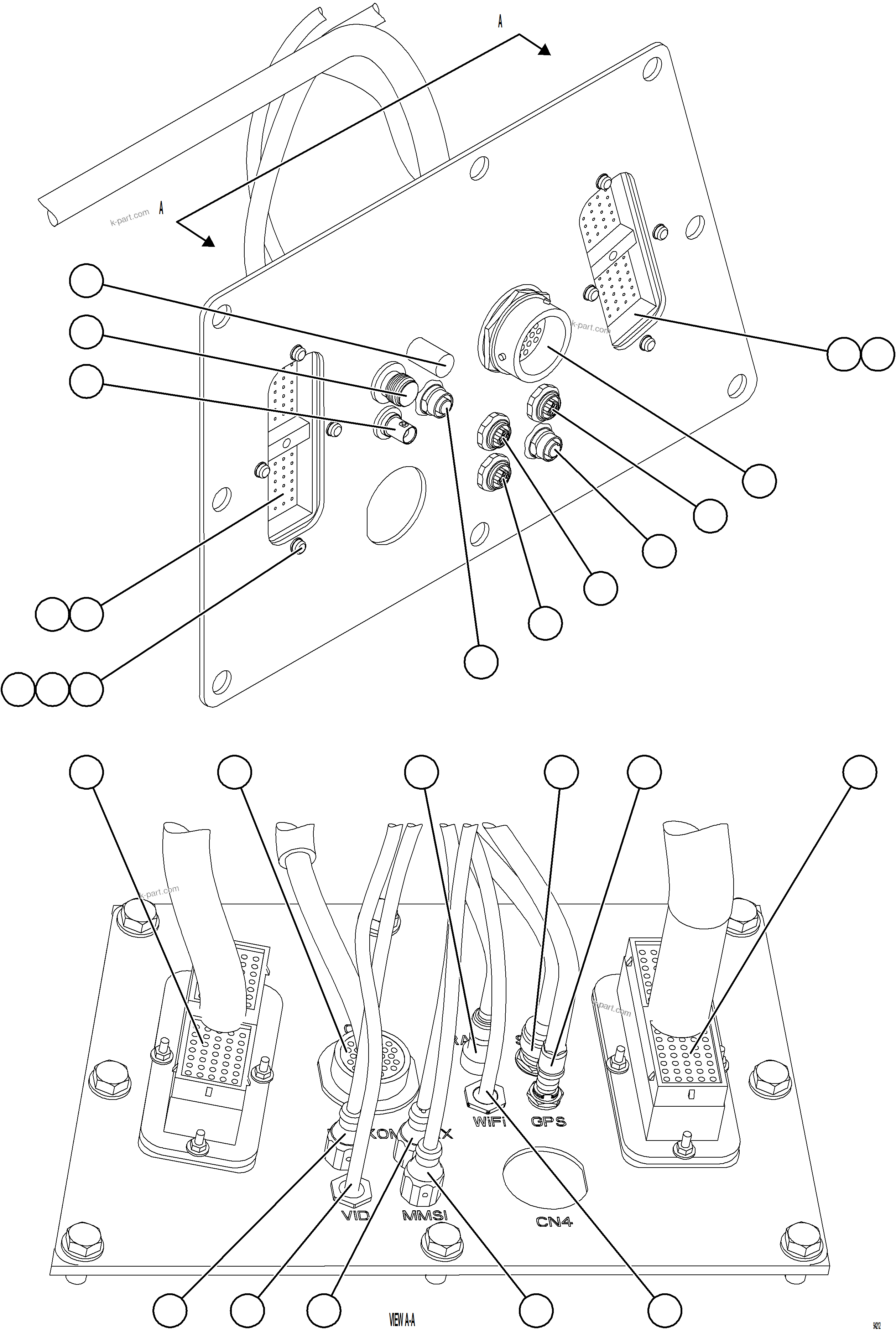 Komatsu parts book diagram for AFE78-EZ 930E-5 S/N A40612,A40614 - A40618  KCH: CAB EXTERNAL WIRING CONNECTOR PLATE    1/2
