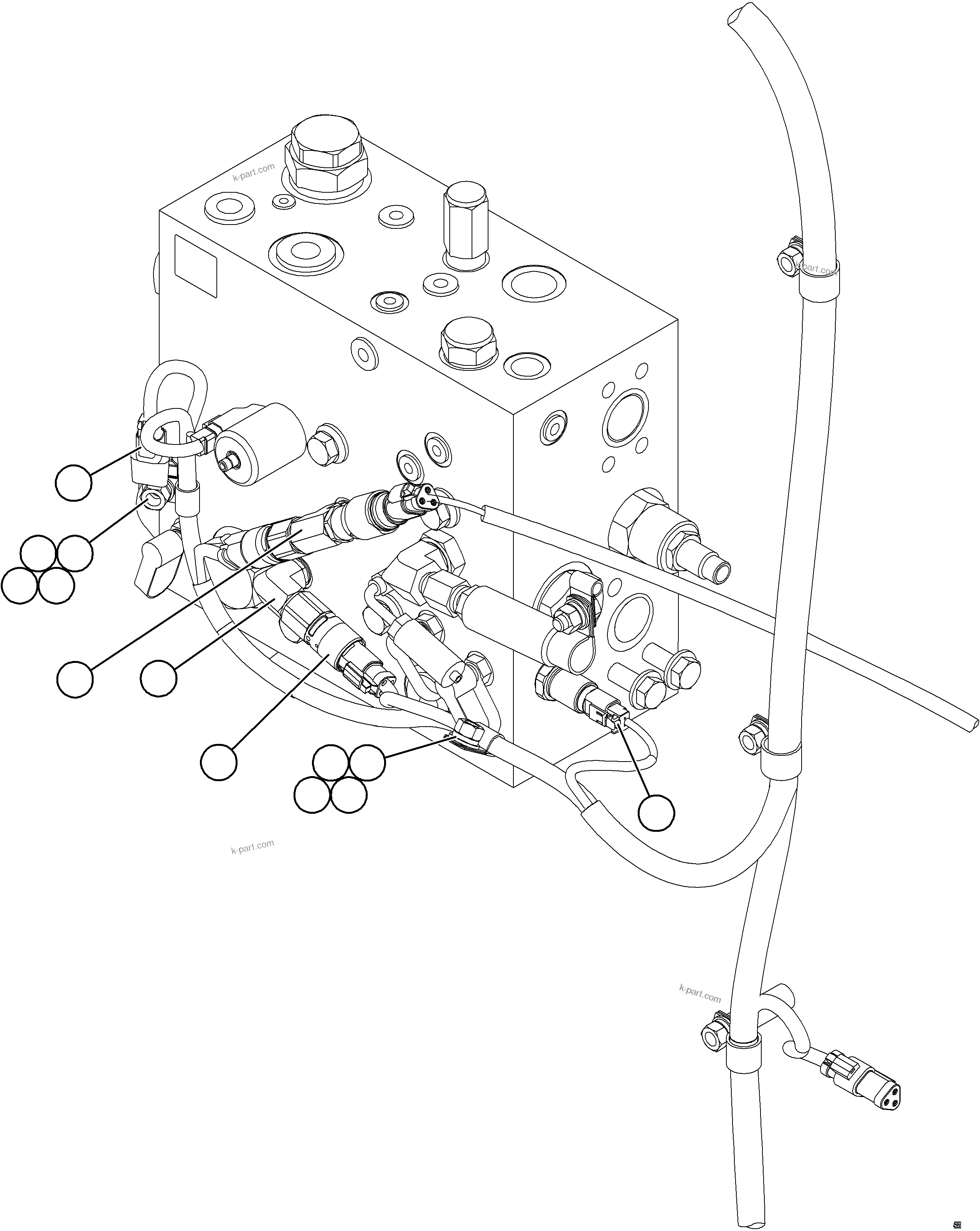Komatsu parts book diagram for AFE84-M 730E-10 S/N A50047 - A50048  KAL: BLEEDDOWN MANIFOLD PRESSURE SENSOR & SWITCHES