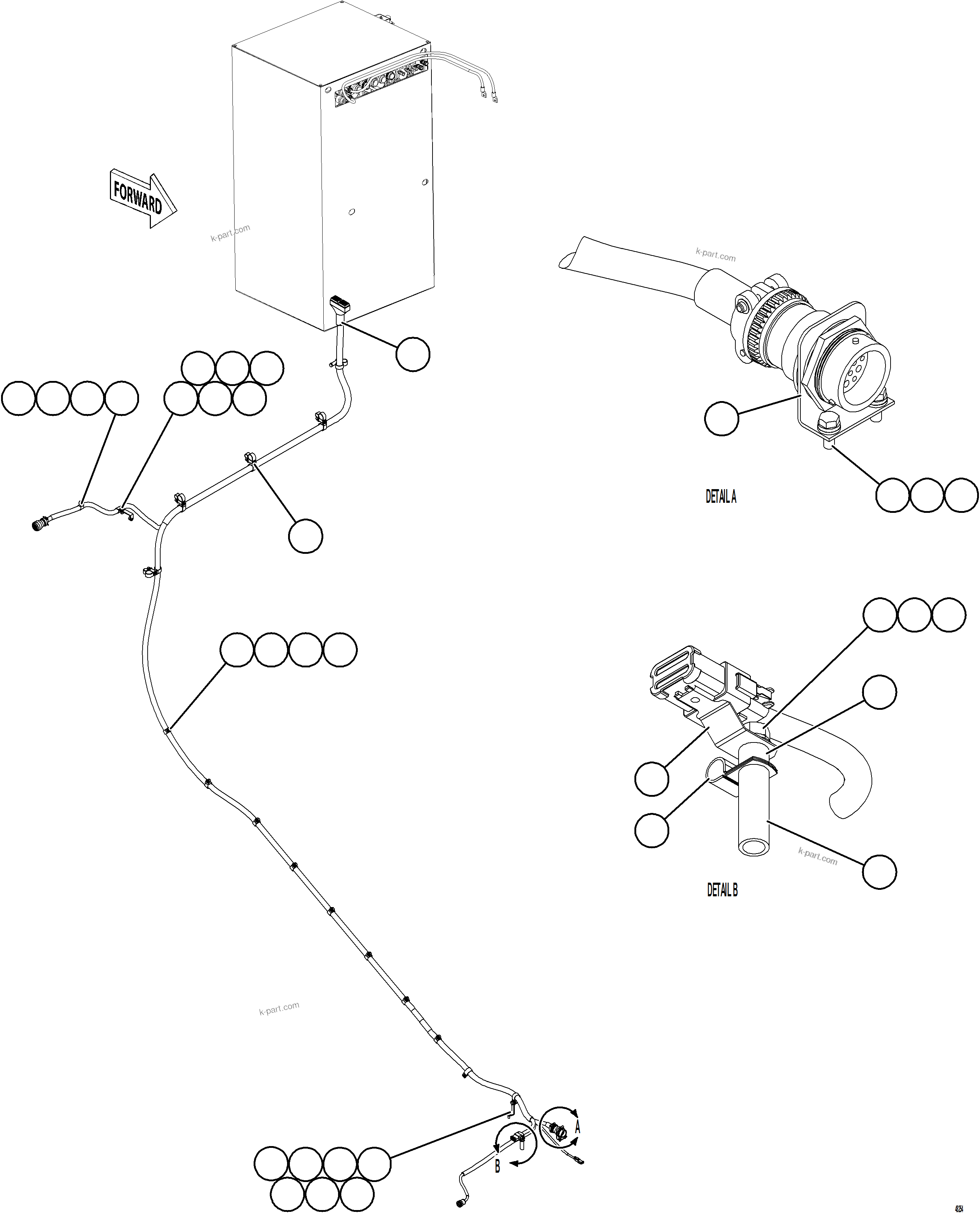 Komatsu parts book diagram for AFE84-M 730E-10 S/N A50047 - A50048  KAL: RIGHT FRONT FRAME RAIL HARNESS    1/2