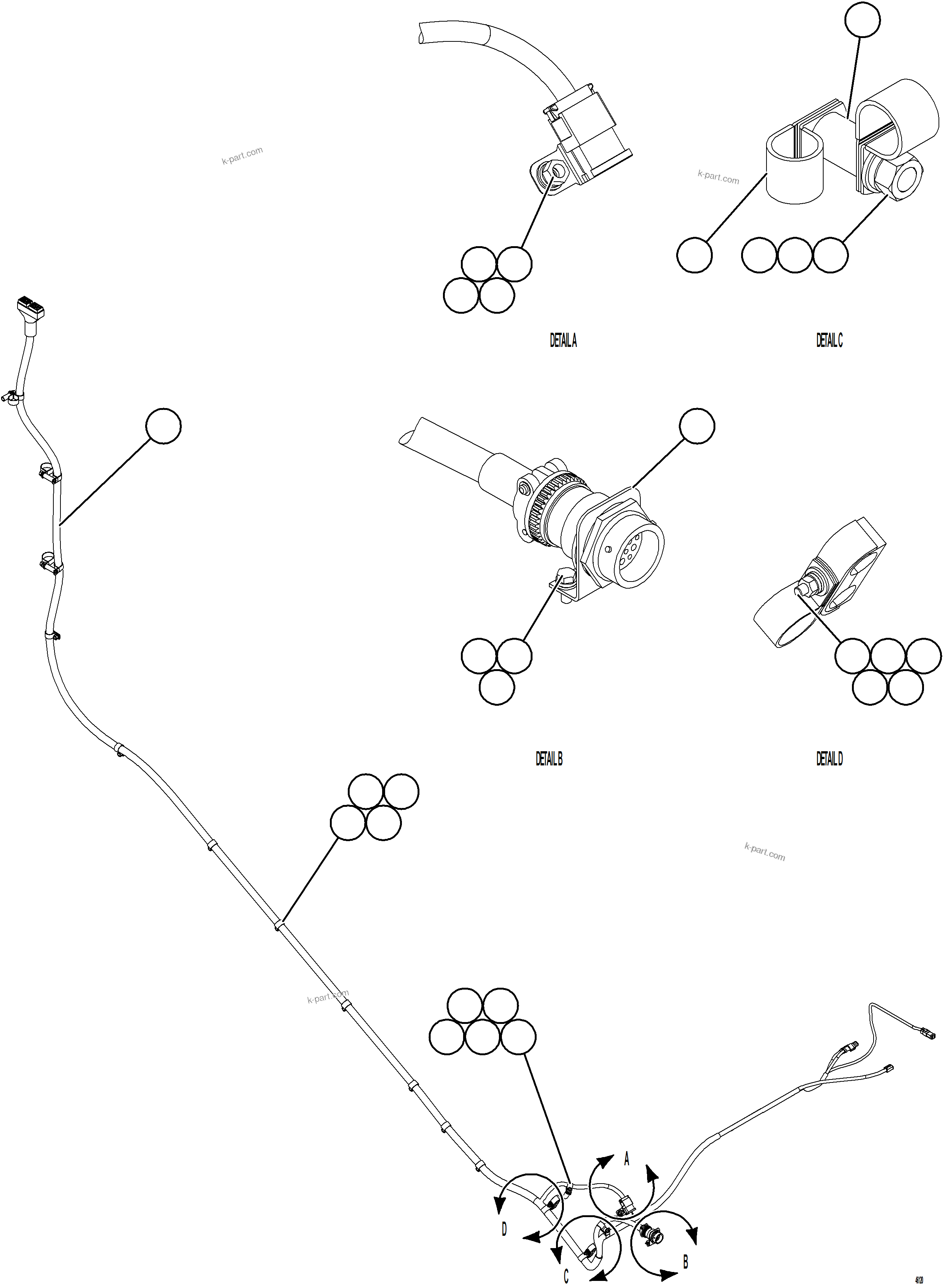 Komatsu parts book diagram for AFE84-M 730E-10 S/N A50047 - A50048  KAL: LEFT FRONT FRAME RAIL HARNESS