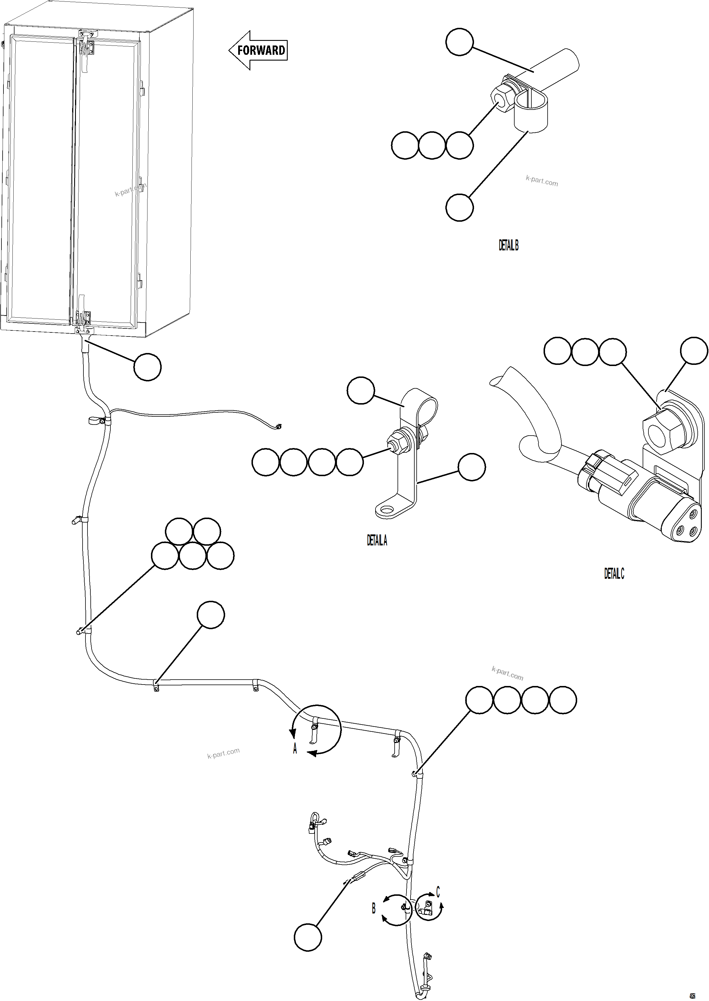 Komatsu parts book diagram for AFE84-M 730E-10 S/N A50047 - A50048  KAL: LEFT REAR FRAME RAIL HARNESS