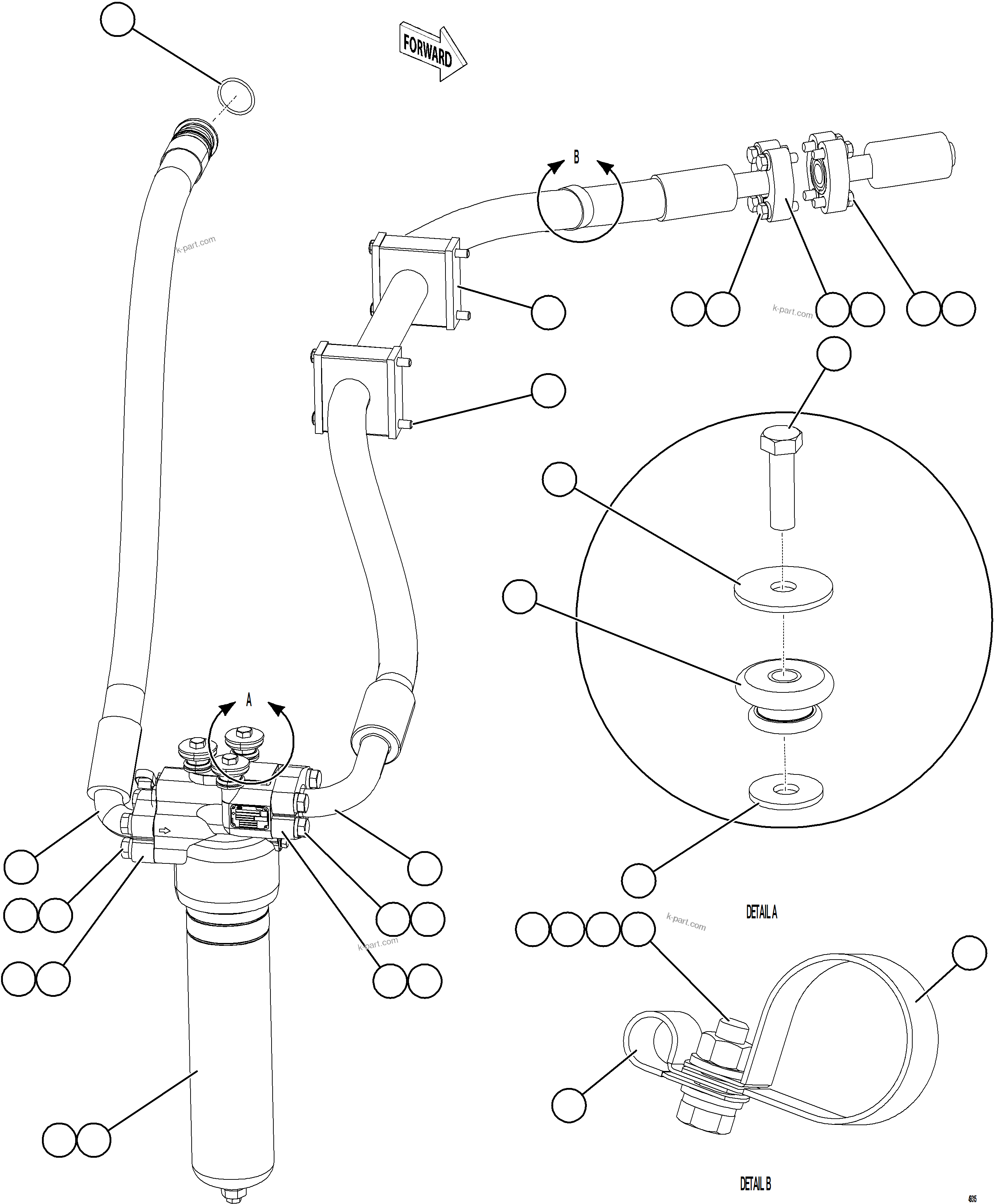 Komatsu parts book diagram for AFE84-M 730E-10 S/N A50047 - A50048  KAL: STEERING FILTER PIPING & INSTALLATION