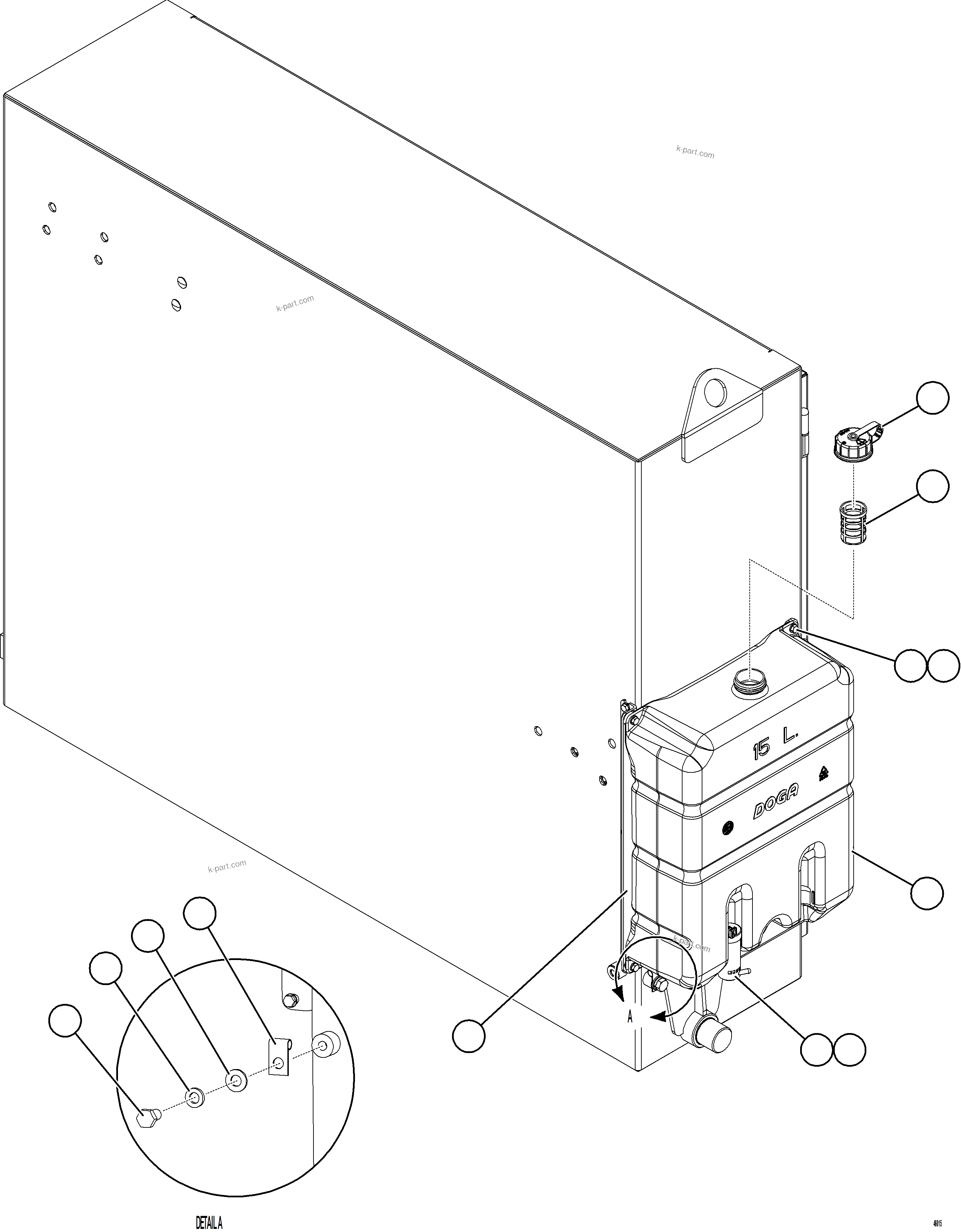 Komatsu parts book diagram for AFE84-M 730E-10 S/N A50047 - A50048  KAL: WINDSHIELD WASHER RESERVOIR INSTALLATION    1/2