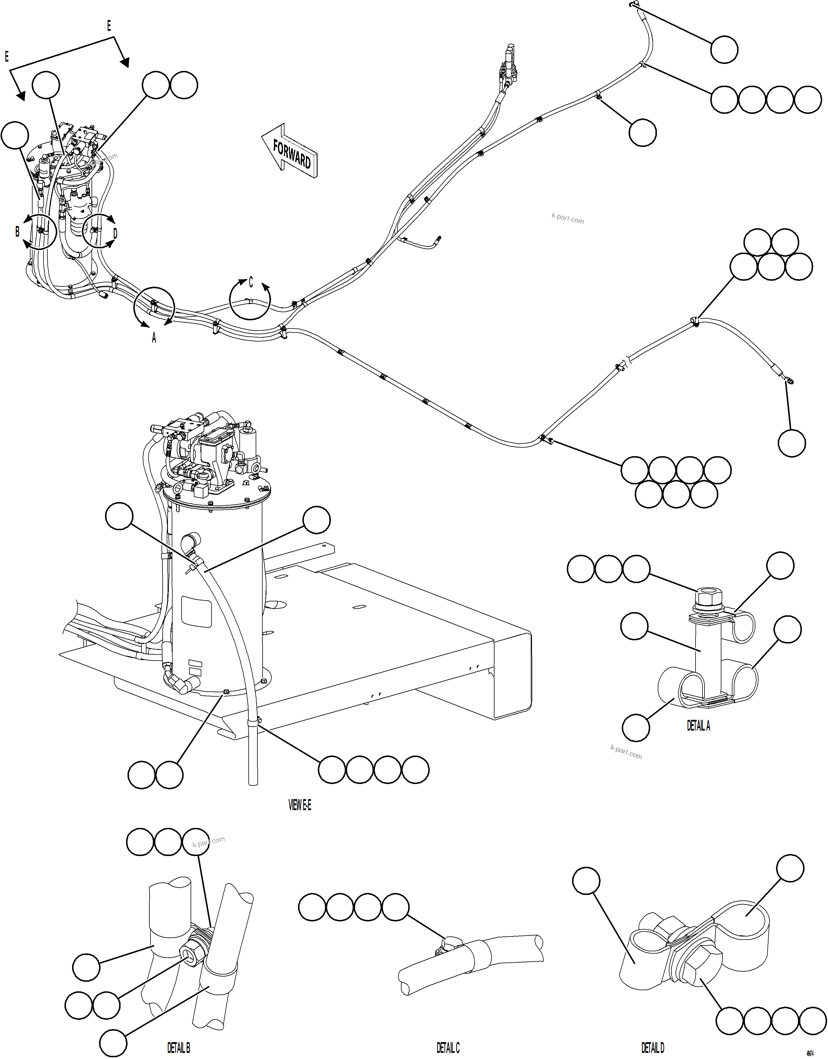 Komatsu parts book diagram for AFE84-M 730E-10 S/N A50047 - A50048  KAL: AUTOMATIC LUBRICATION SYSTEM PIPING - FRONT    1/3