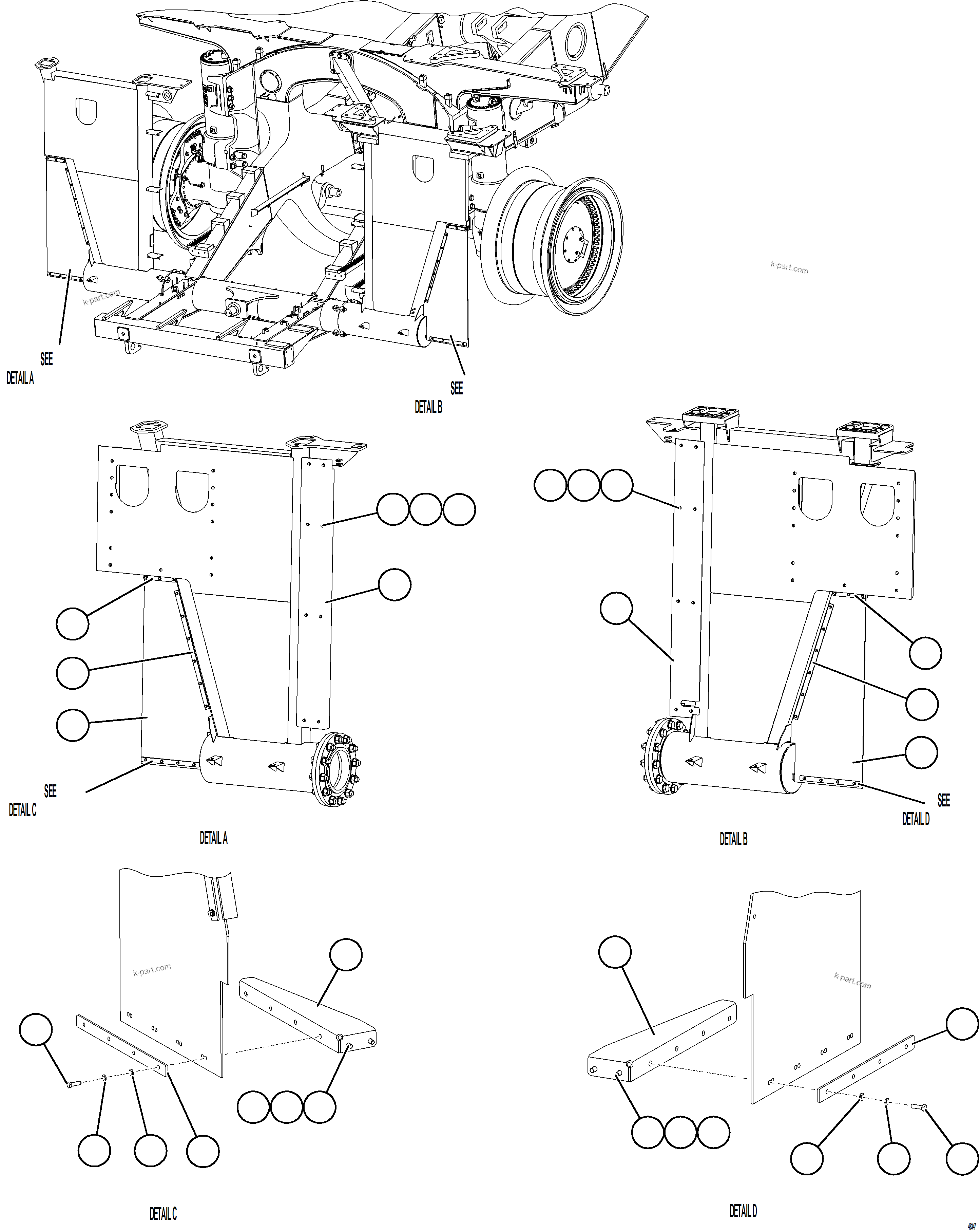 Komatsu parts book diagram for AFE84-P 730E-10 S/N A50051 - A50054  KAL: UPRIGHT MUD FLAPS
