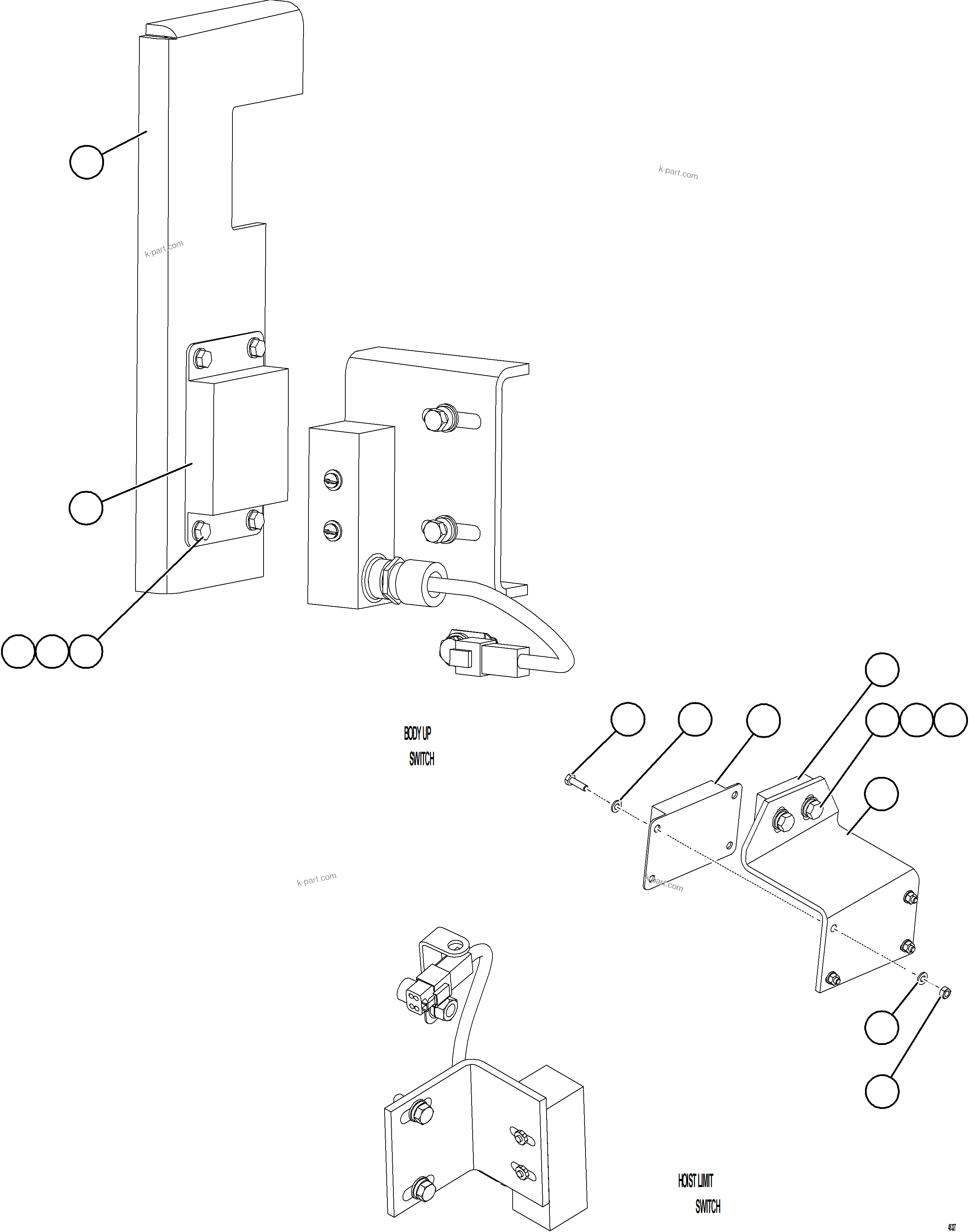 Komatsu parts book diagram for AFE84-R 730E-10 S/N A50056 - A50058  KSA: BODY UP & HOIST LIMIT SWITCH INSTALLATION    2/2