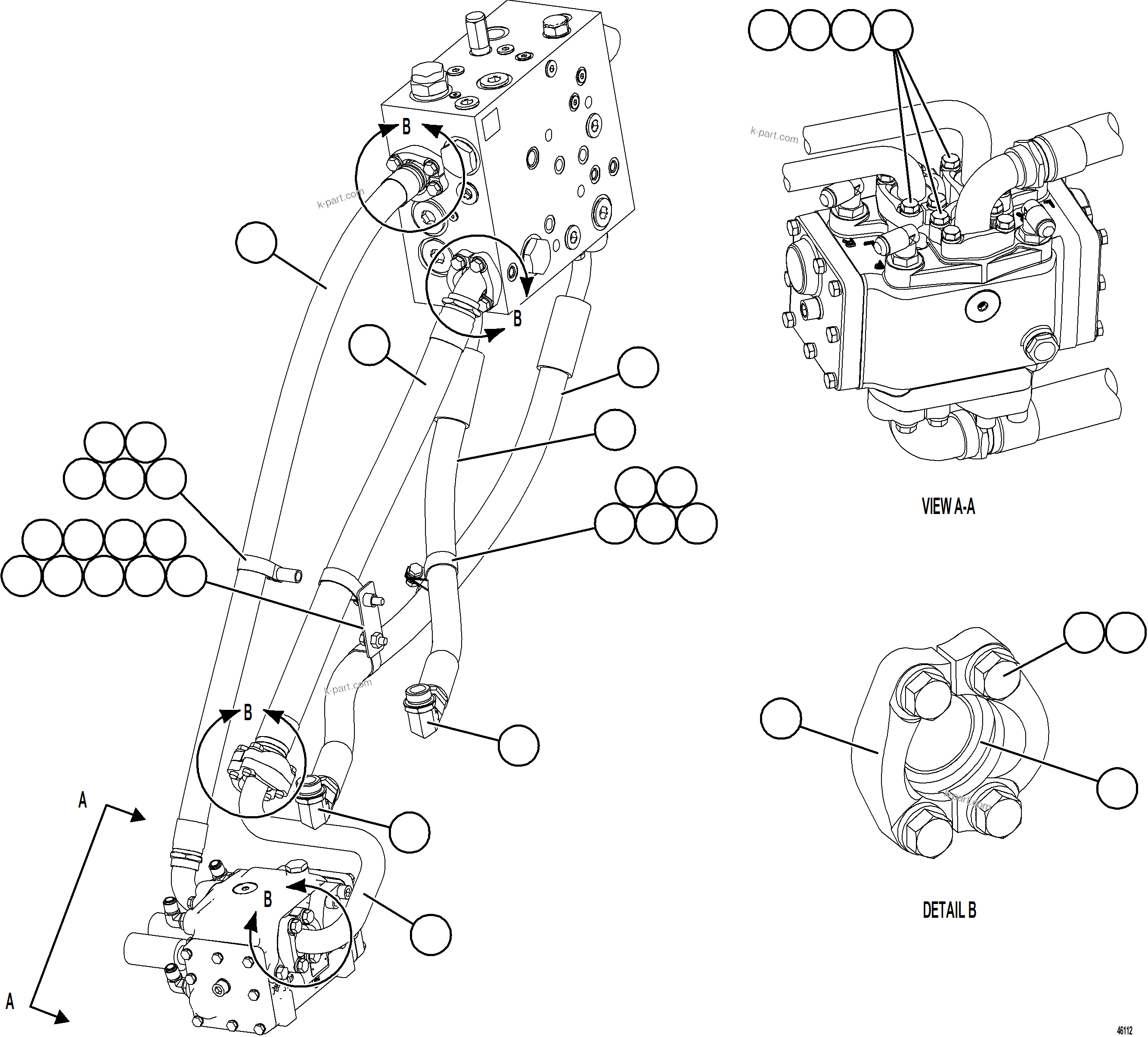 Komatsu parts book diagram for AFE84-R 730E-10 S/N A50056 - A50058  KSA: STEERING BLEEDDOWN MANIFOLD PIPING    1/2