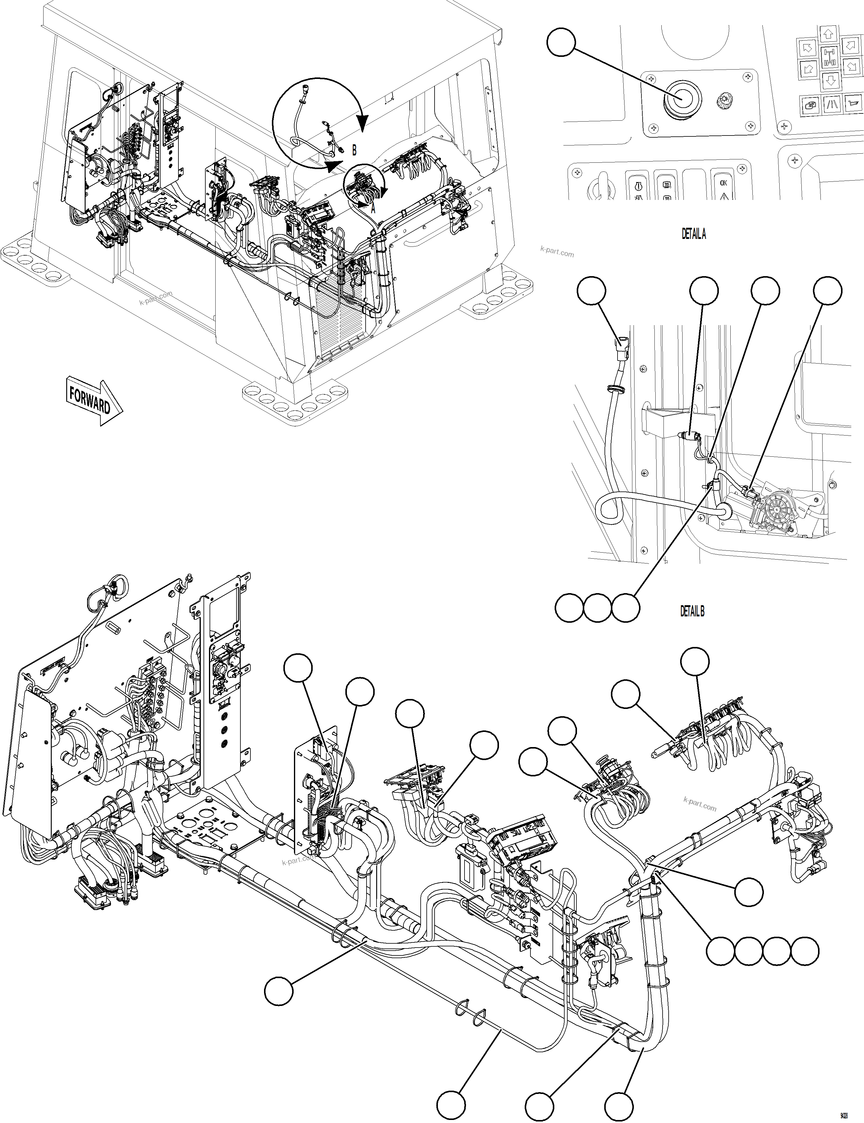 Komatsu parts book diagram for AFE84-R 730E-10 S/N A50056 - A50058  KSA: CAB ELECTRICAL - BACK WALL    1/2