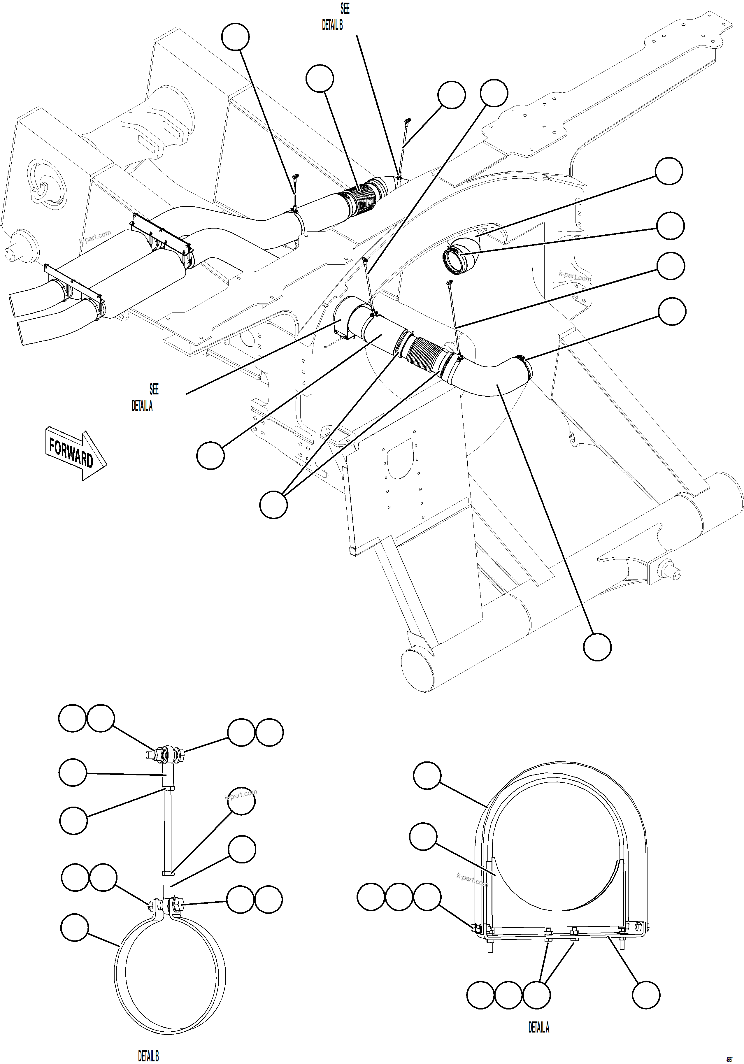 Komatsu parts book diagram for AFE84-T 730E-10 S/N A50061,A50064  KAL: EXHAUST PIPING - FRONT