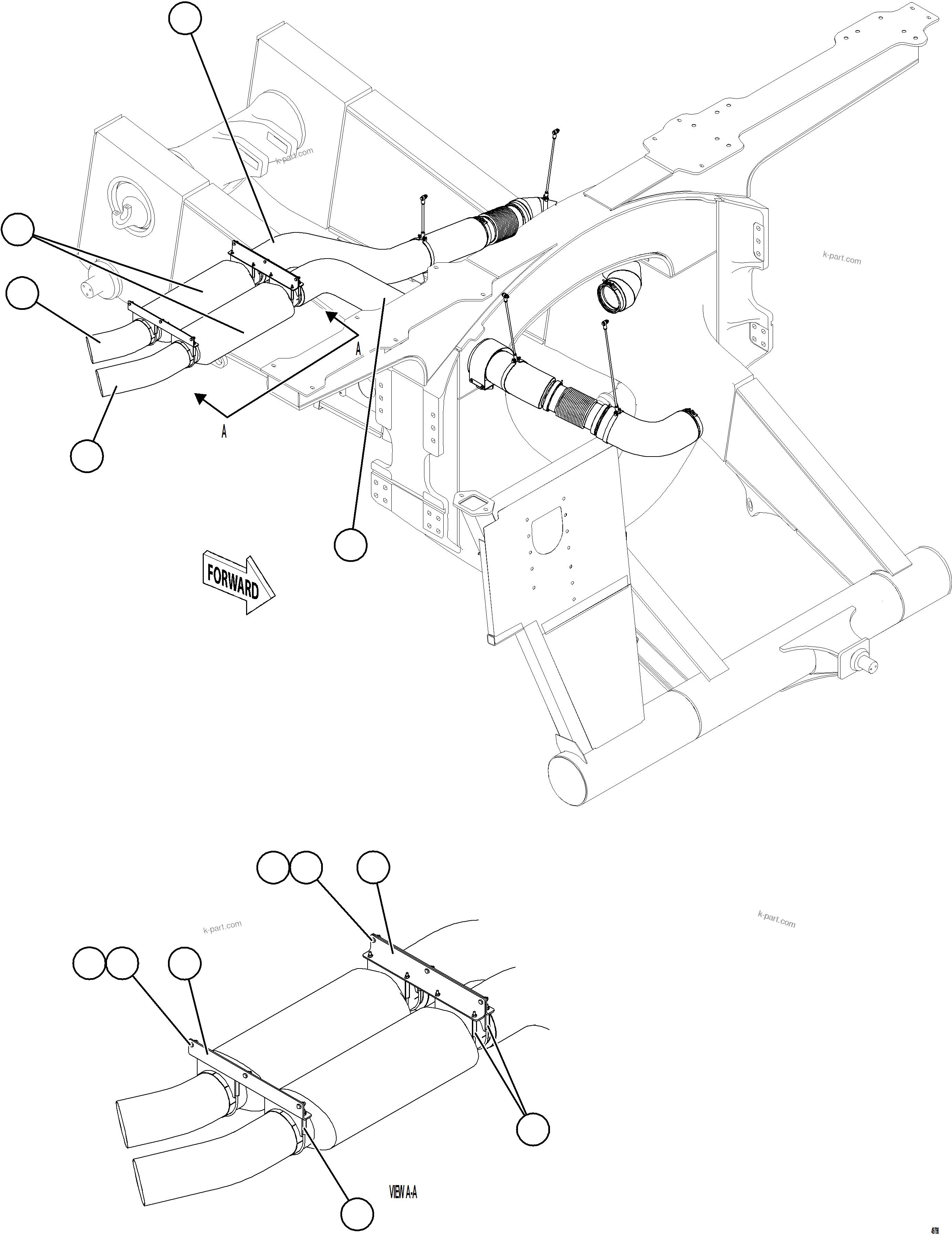 Komatsu parts book diagram for AFE84-T 730E-10 S/N A50061,A50064  KAL: EXHAUST PIPING - REAR