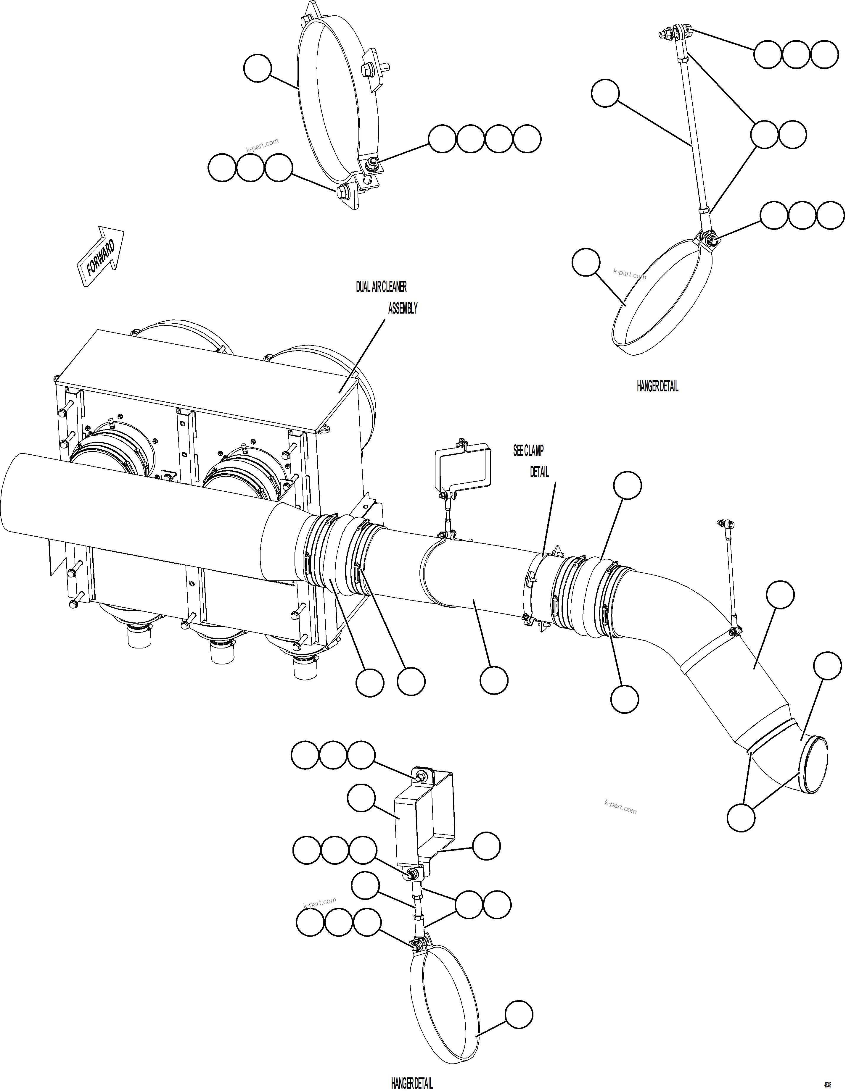 Komatsu parts book diagram for AFE91-E 930E-5 S/N A40390,A40394 - A40395,A40416 - A40417,A40430,A40438 - A40439,A40440,A40451 - A40453  SOUND SUPPRESSION ADDENDUM: AIR CLEANER PIPING & INSTALLATION - LH