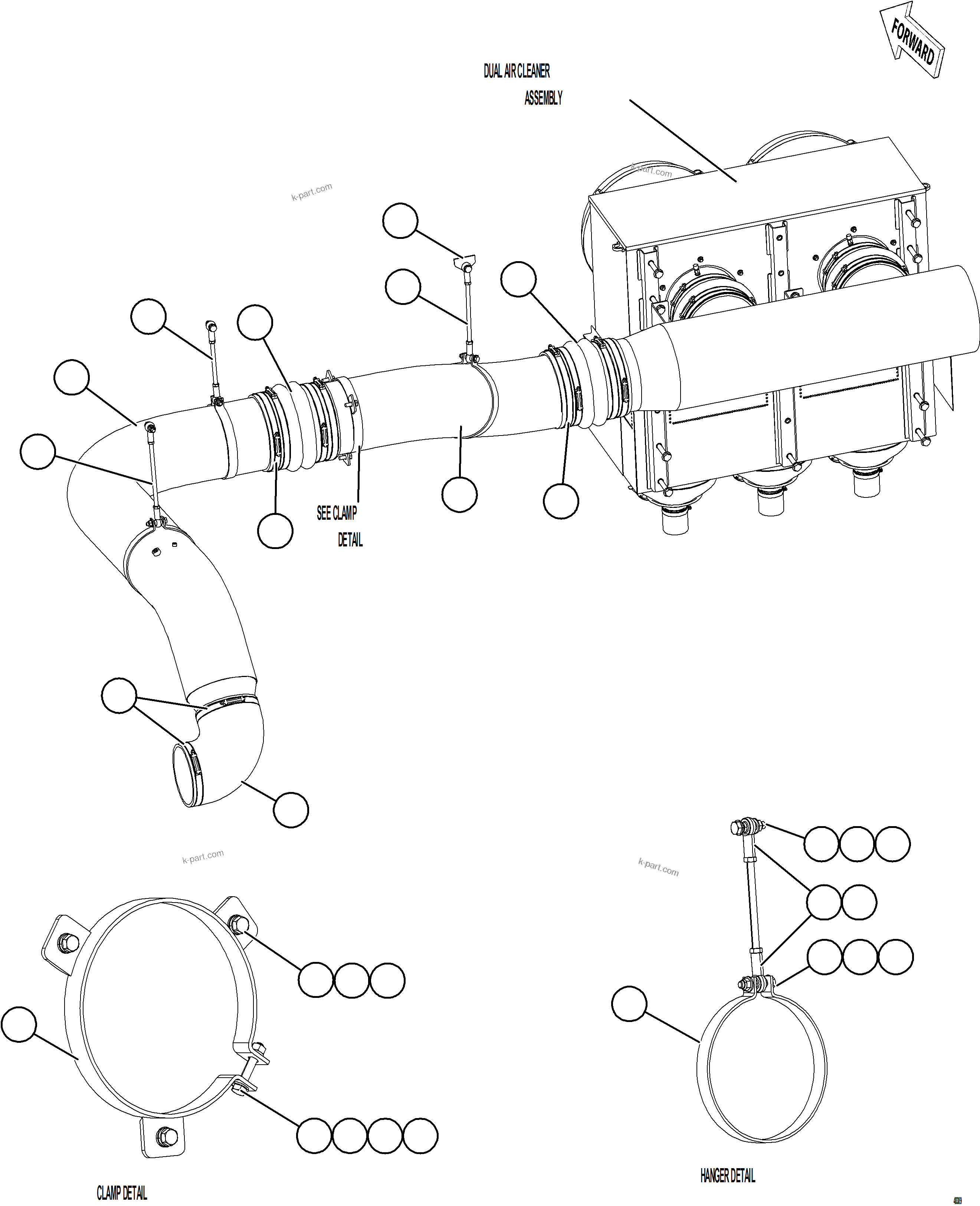 Komatsu parts book diagram for AFE91-E 930E-5 S/N A40390,A40394 - A40395,A40416 - A40417,A40430,A40438 - A40439,A40440,A40451 - A40453  SOUND SUPPRESSION ADDENDUM: AIR CLEANER PIPING & INSTALLATION - RH