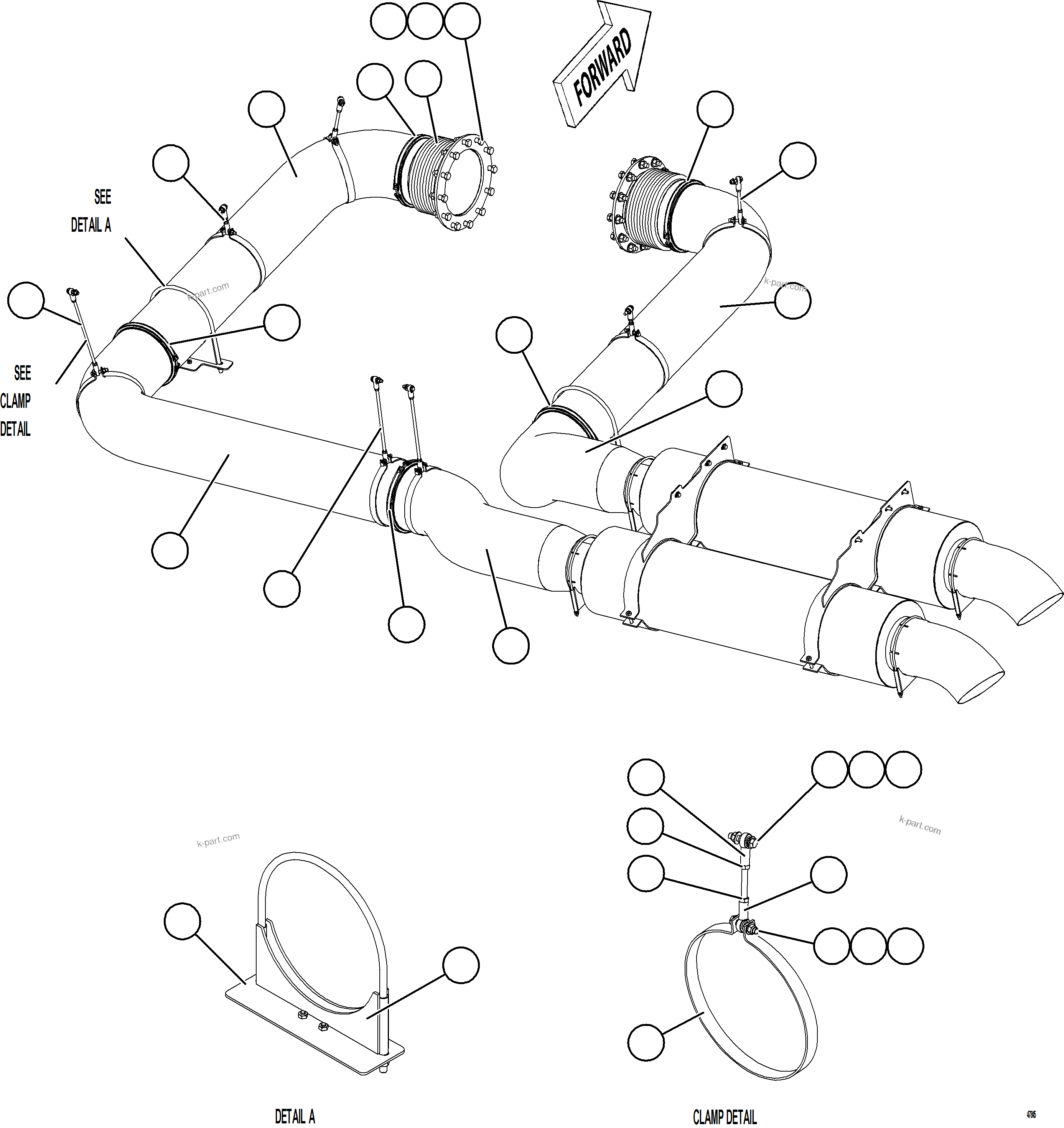 Komatsu parts book diagram for AFE92-A 980E-5SE S/N A60001 - A60010  KMMP: EXHAUST PIPING - FRONT
