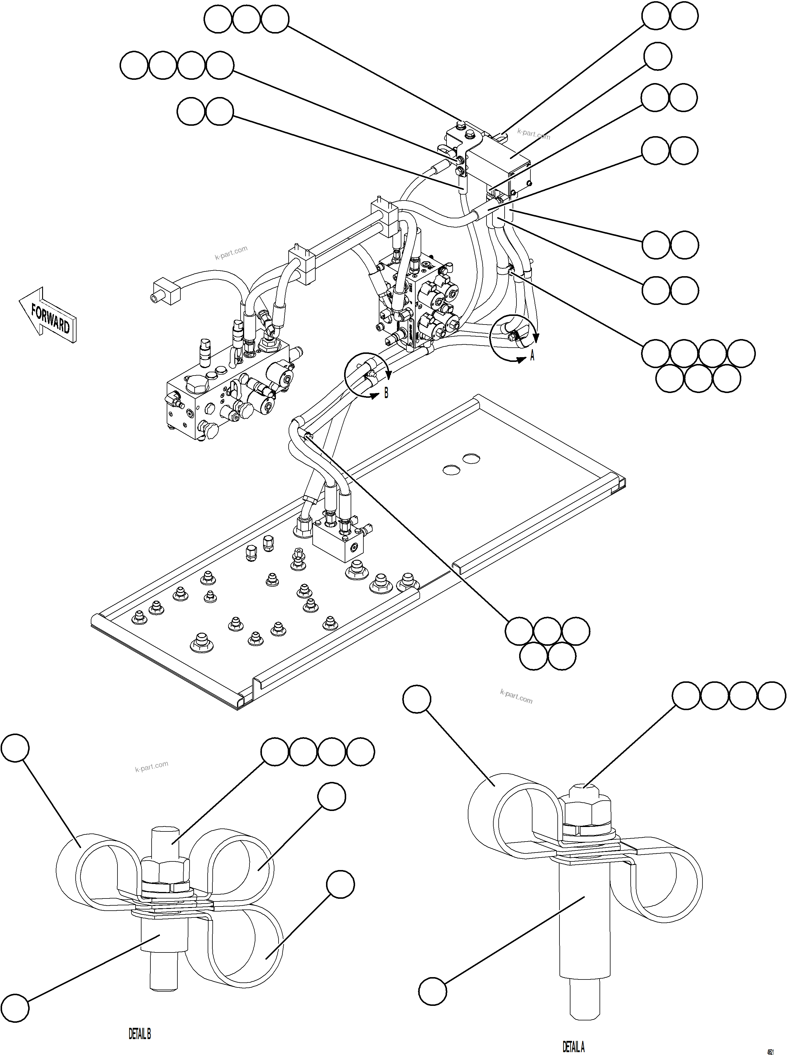 Komatsu parts book diagram for AFE92-A 980E-5SE S/N A60001 - A60010  KMMP: FRONT BRAKE DUAL RELAY VALVE PIPING & INSTALLATION
