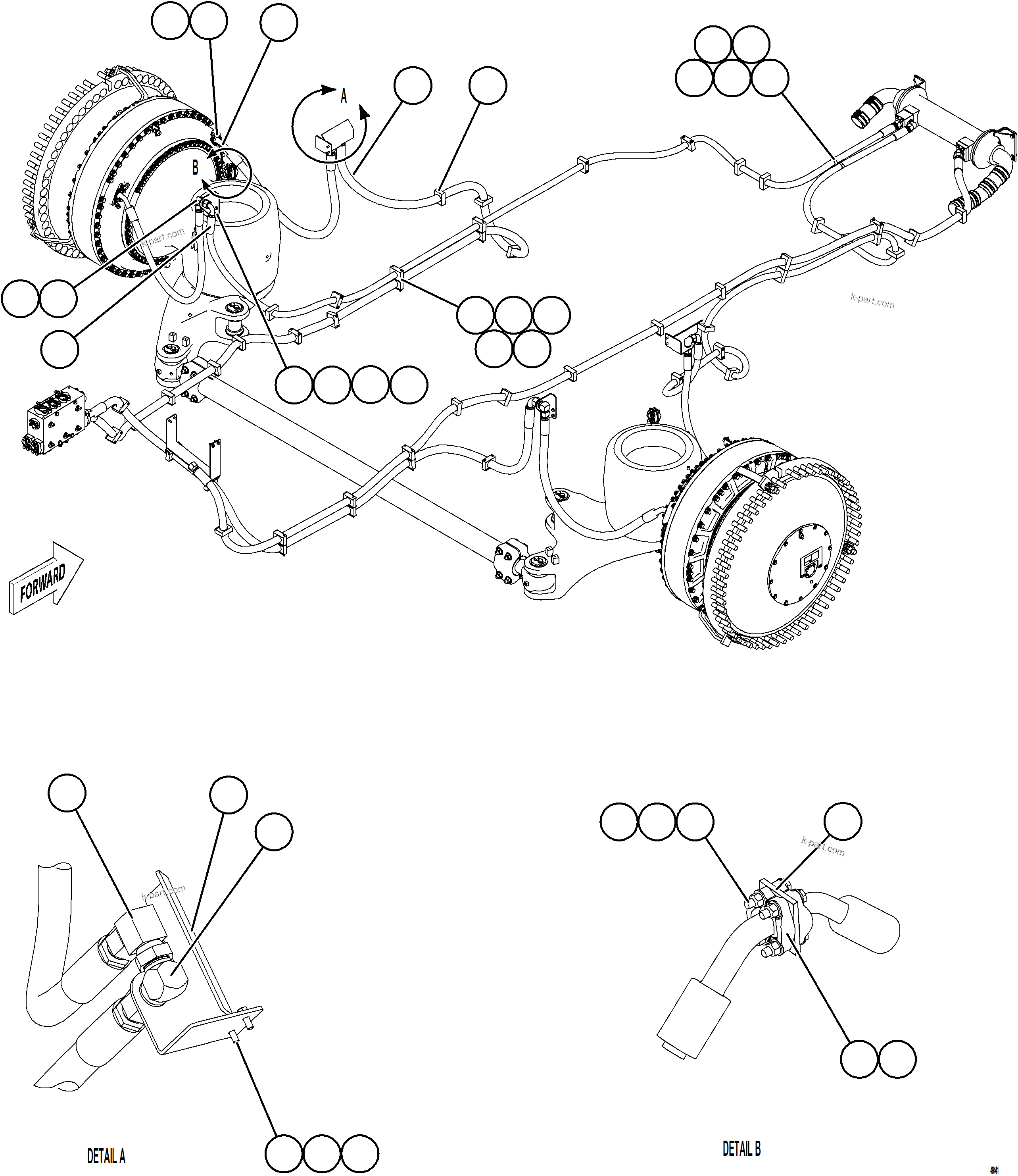 Komatsu parts book diagram for AFE92-D 980E-5SE S/N A60019  KMMP: BRAKE COOLING PIPING - LEFT FRONT