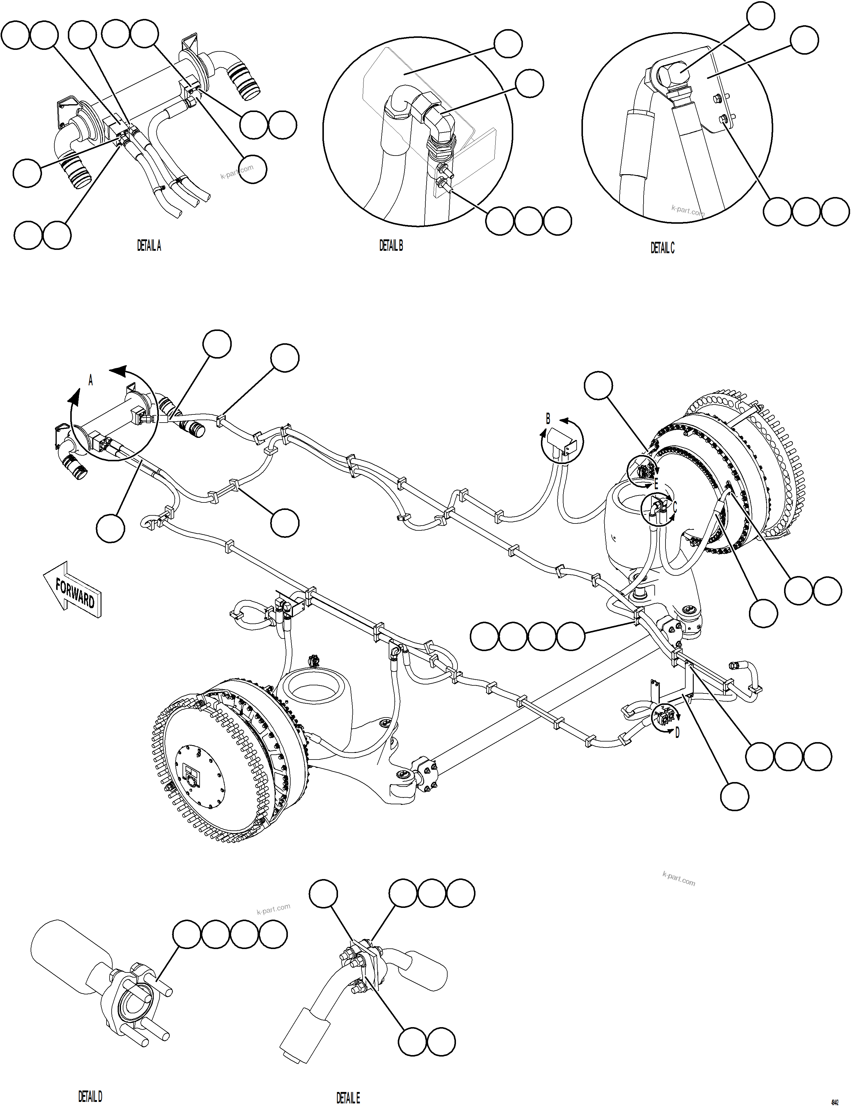 Komatsu parts book diagram for AFE92-D 980E-5SE S/N A60019  KMMP: BRAKE COOLING PIPING - RIGHT FRONT