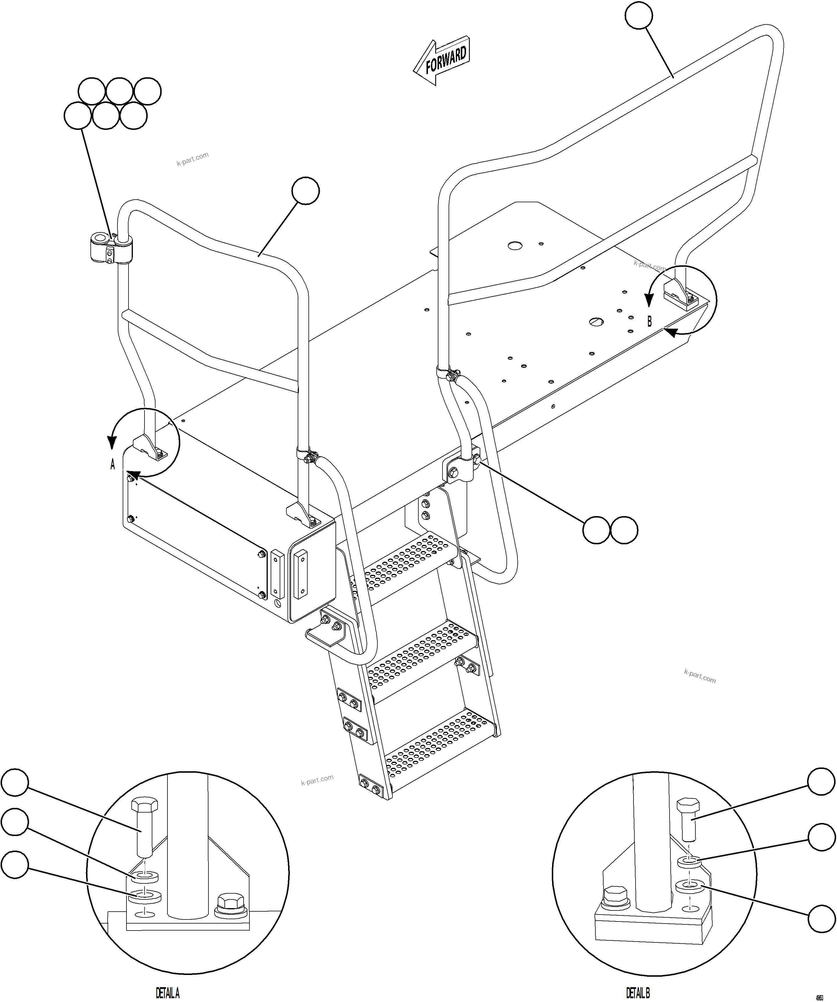 Komatsu parts book diagram for AFE92-D 980E-5SE S/N A60019  KMMP: LH LOWER PLATFORM HANDRAILS