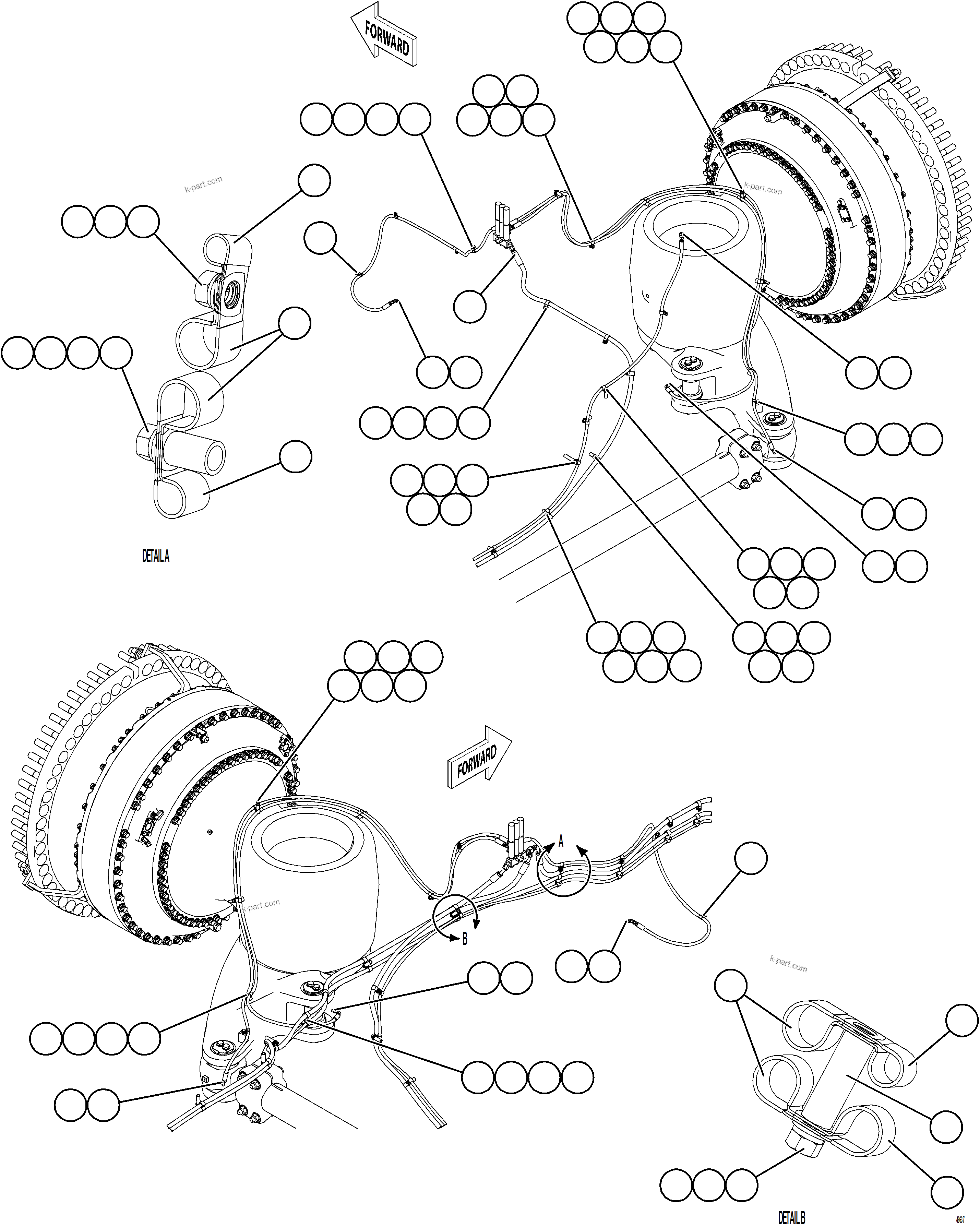 Komatsu parts book diagram for AFE92-D 980E-5SE S/N A60019  KMMP: AUTOMATIC LUBRICATION SYSTEM PIPING - FRONT    2/4