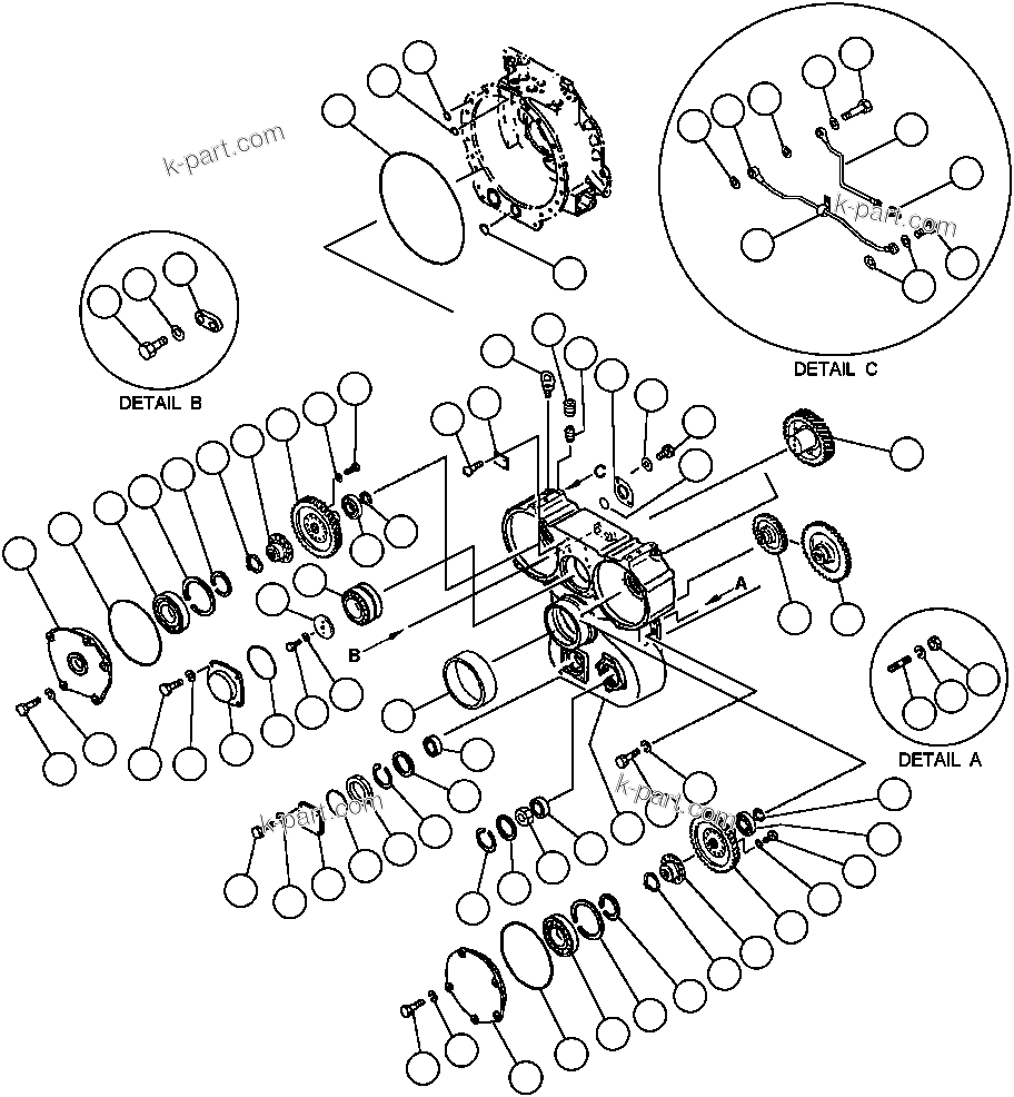 Komatsu parts book diagram for AFP49-A thru E  530M  S/N A30001-A30008 (DH627-0): FRONT HOUSING & P.T.O. DRIVES