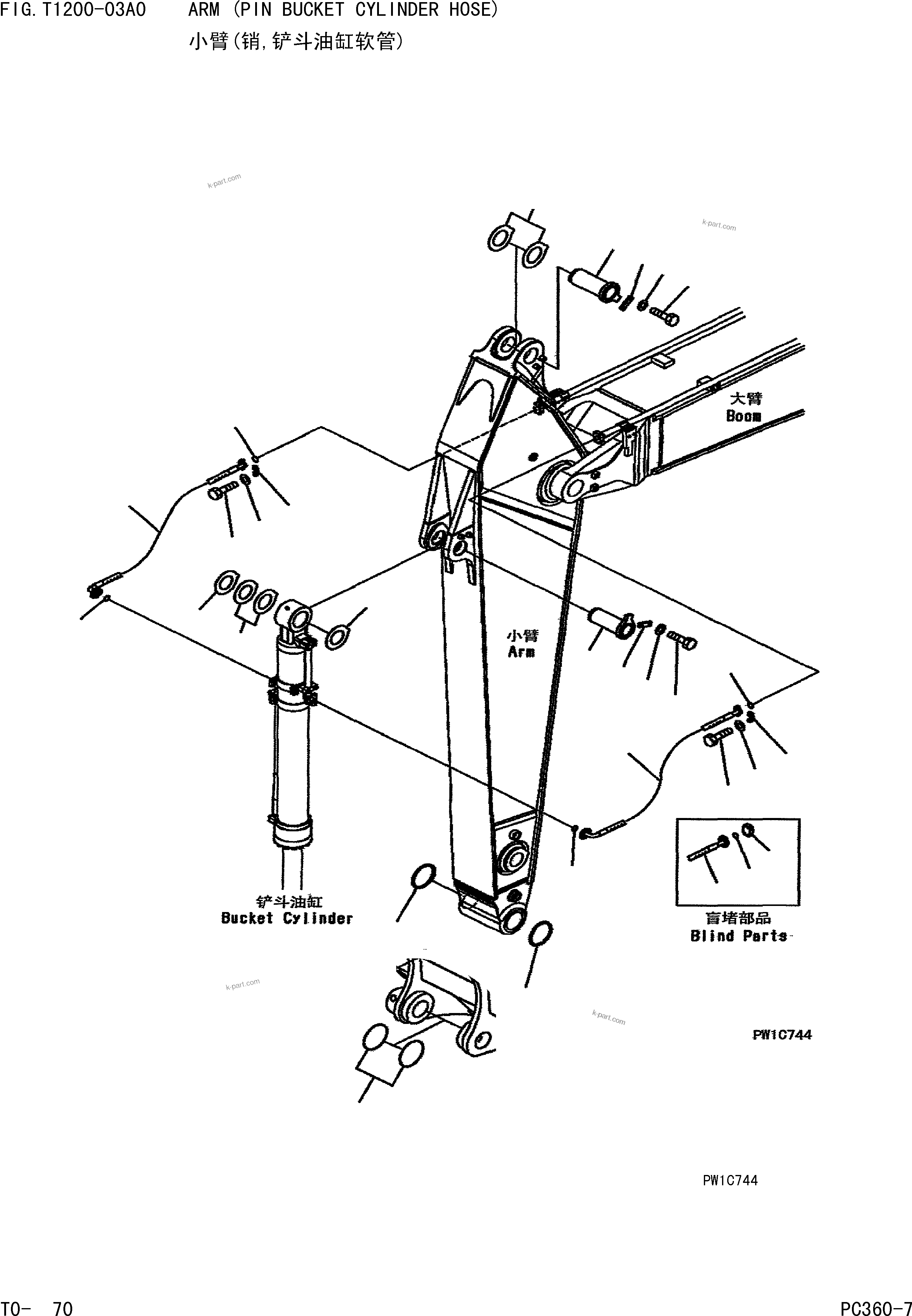 Komatsu parts book diagram for PC360-7 S/N 37715-UP: ARM (PIN BUCKET CYLINDER HOSE)