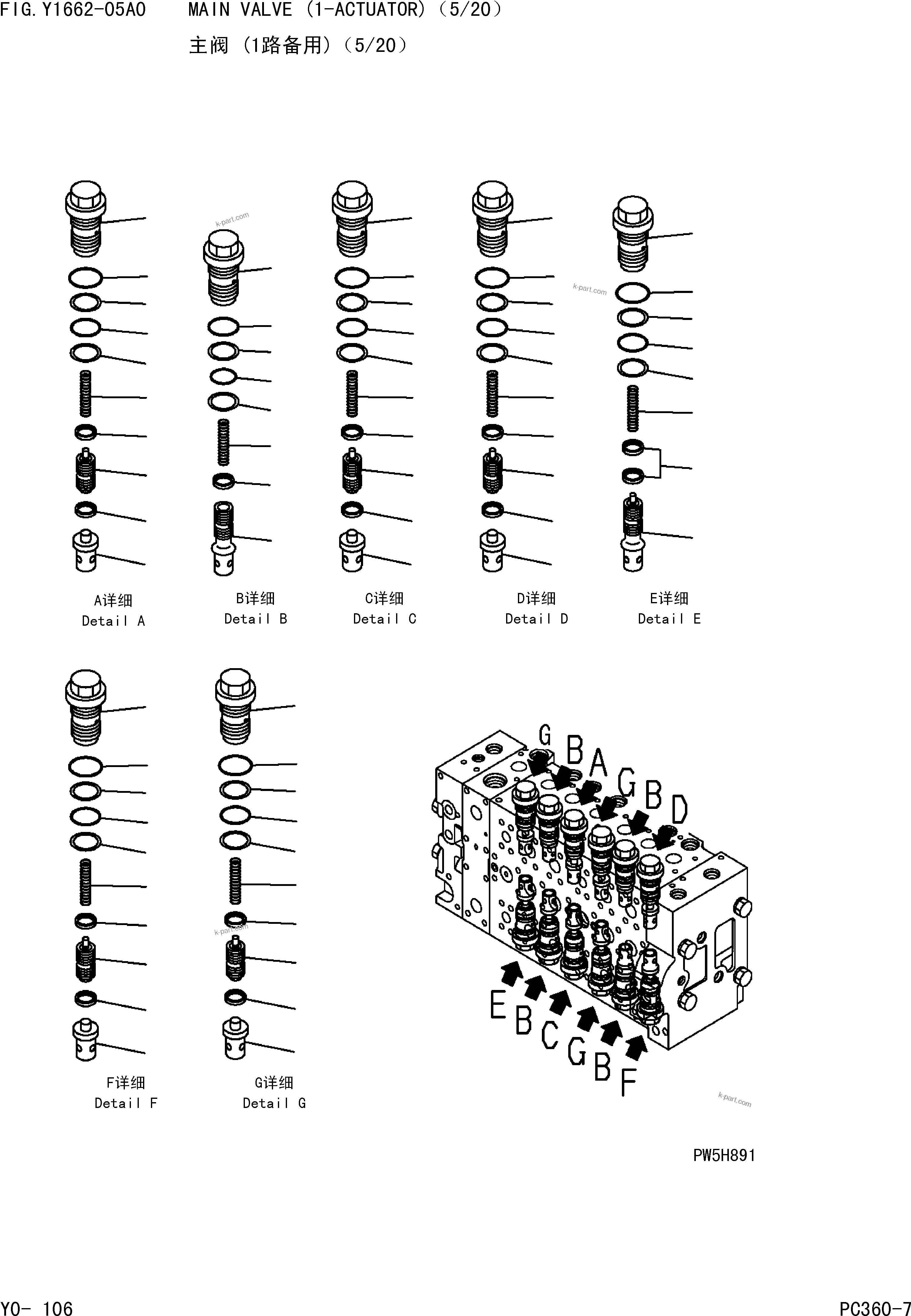 Komatsu parts book diagram for PC360-7 S/N 37715-UP: MAIN VALVE (1-ACTUATOR)(5/20)