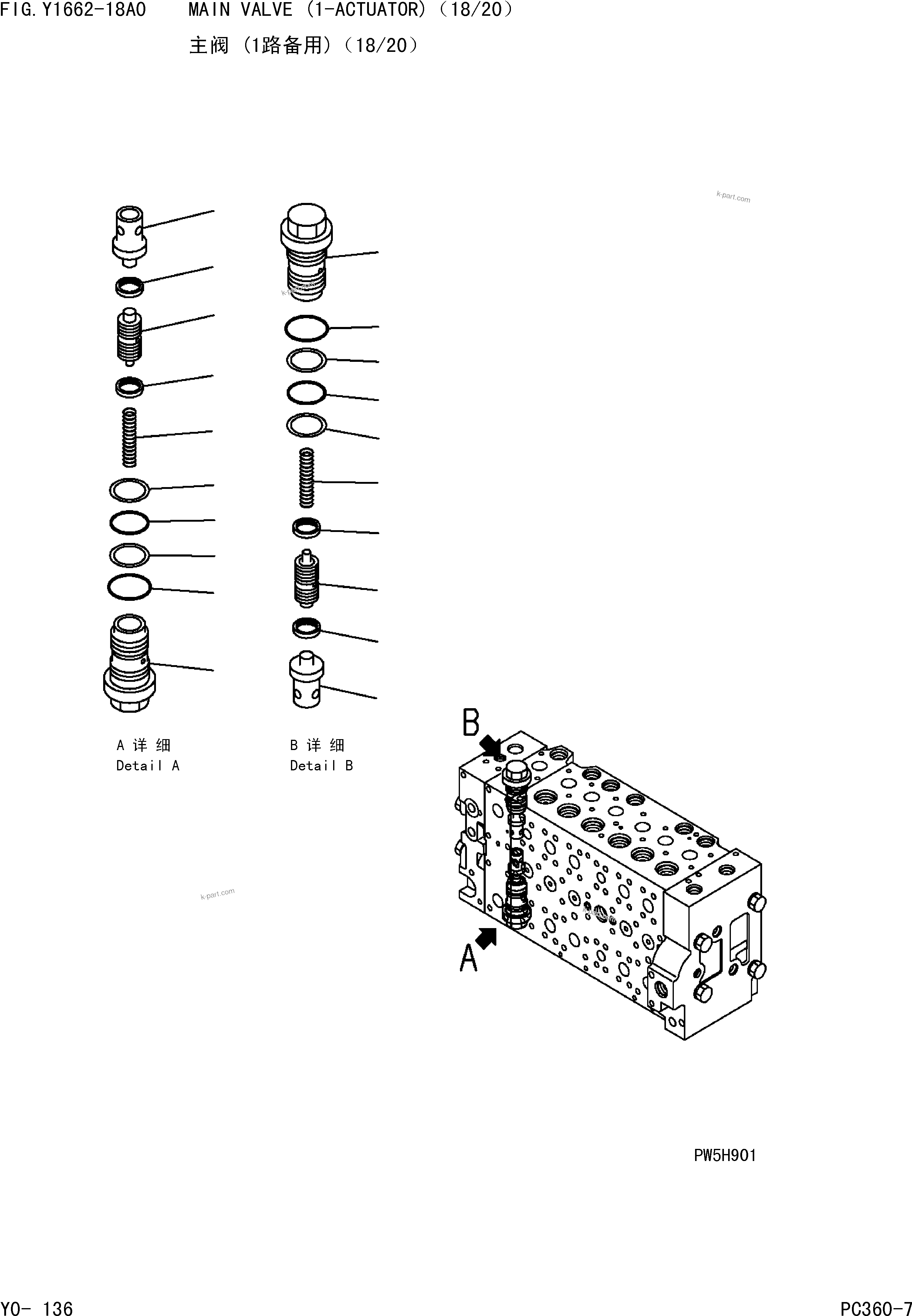 Komatsu parts book diagram for PC360-7 S/N 37715-UP: MAIN VALVE (1-ACTUATOR)(18/20)