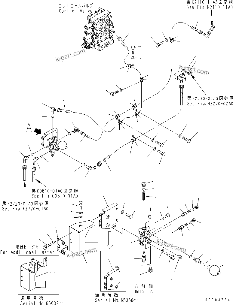 Komatsu parts book diagram for D155A-5 S/N 65001-UP (Extreme Cold Terrain): P.P.C. VALVE PIPING (PREHEATER)