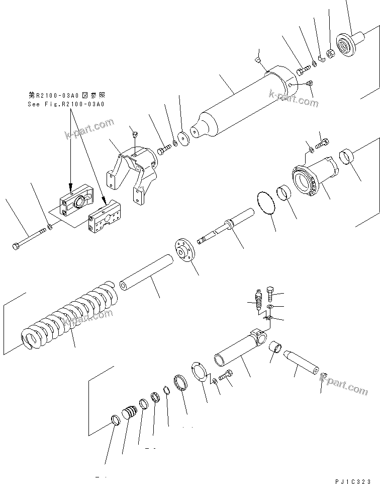 Komatsu parts book diagram for D155A-5 S/N 65001-UP (Extreme Cold Terrain): TRACK FRAME (RECOIL SPRING AND CYLINDER) (R.H.) (COLD WEATHER (B) SPEC.)(#65275-65408)