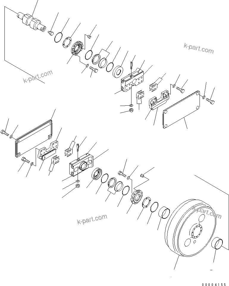 Komatsu parts book diagram for D155A-5 S/N 65001-UP (Extreme Cold Terrain): TRACK FRAME (FRONT IDLER) (L.H.) (COLD WEATHER (B) SPEC.)(#65275-65408)