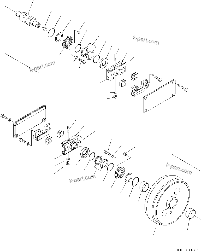 Komatsu parts book diagram for D155A-5 S/N 65001-UP (Extreme Cold Terrain): TRACK FRAME (FRONT IDLER) (R.H.) (FULL ROLLER GAURD) (COLD WEATHER (A) ? (B) SPEC.)(#65345-)