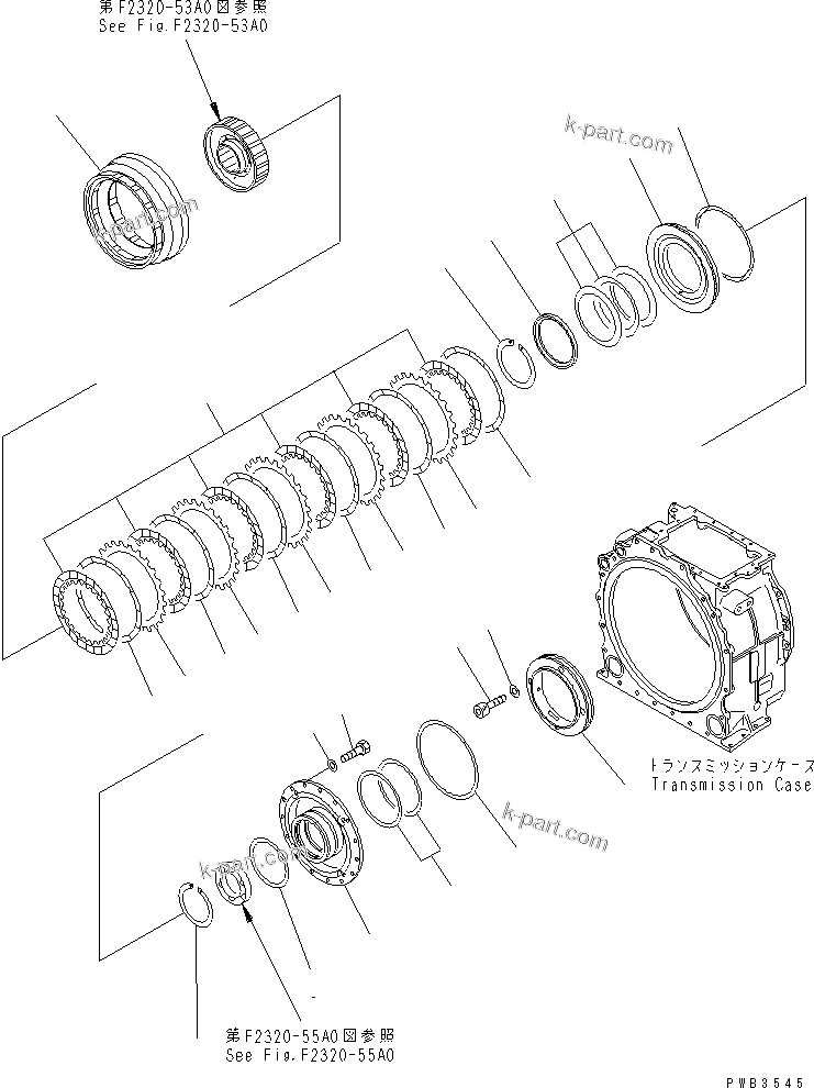 Komatsu parts book diagram for D375A-3 S/N 17001-UP (6 Track Roller): TRANSMISSION (1/8) ? BARE