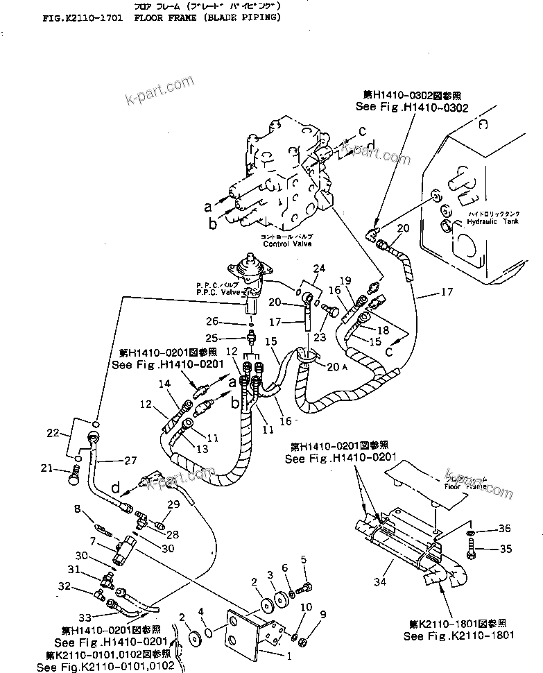 Komatsu parts book diagram for D65EX-12 S/N 60001-60941: FLOOR FRAME (BLADE PIPING)